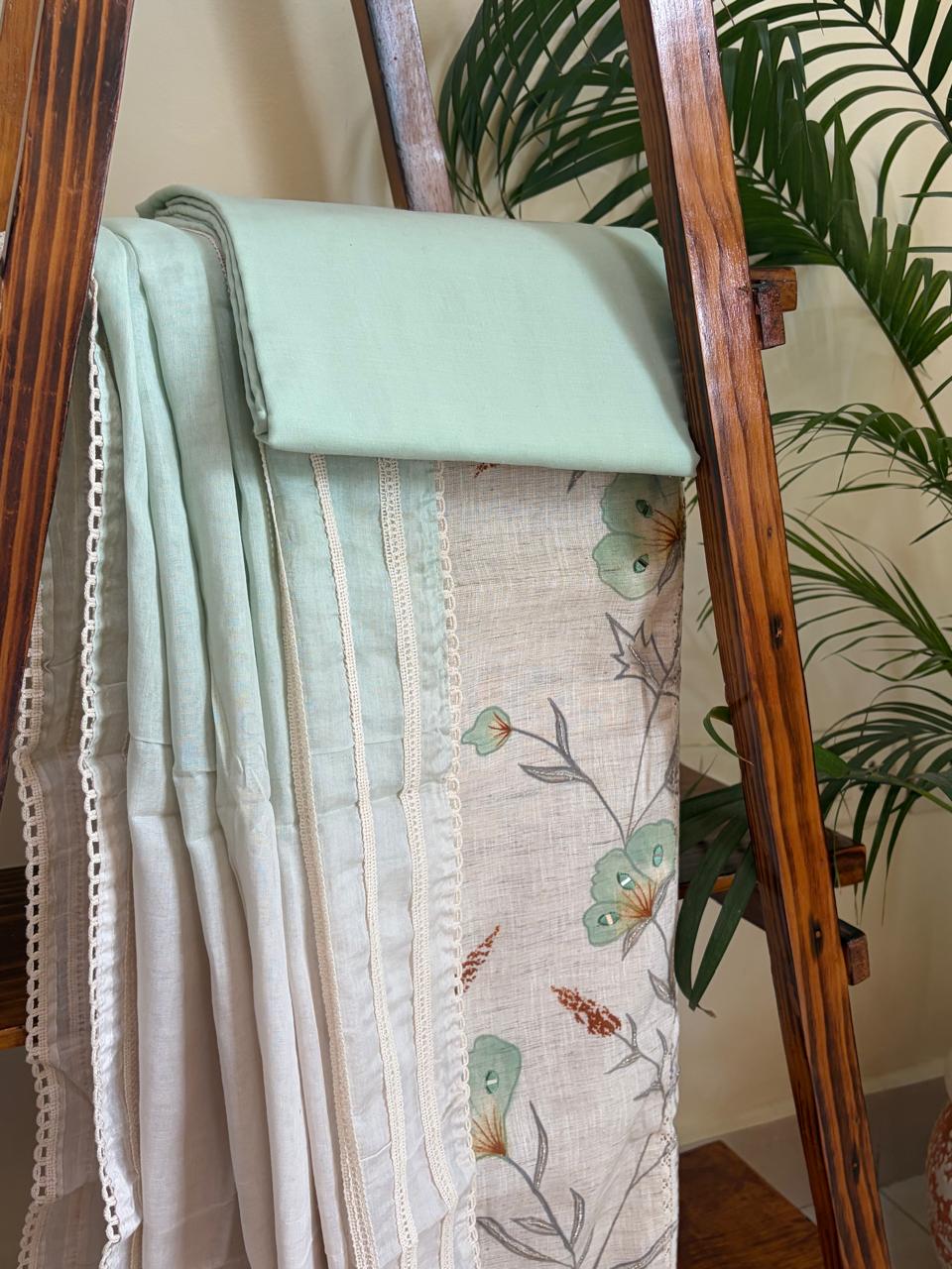 Beautiful Cotton 3 piece Suit with Print and Mirrors - Sea Green