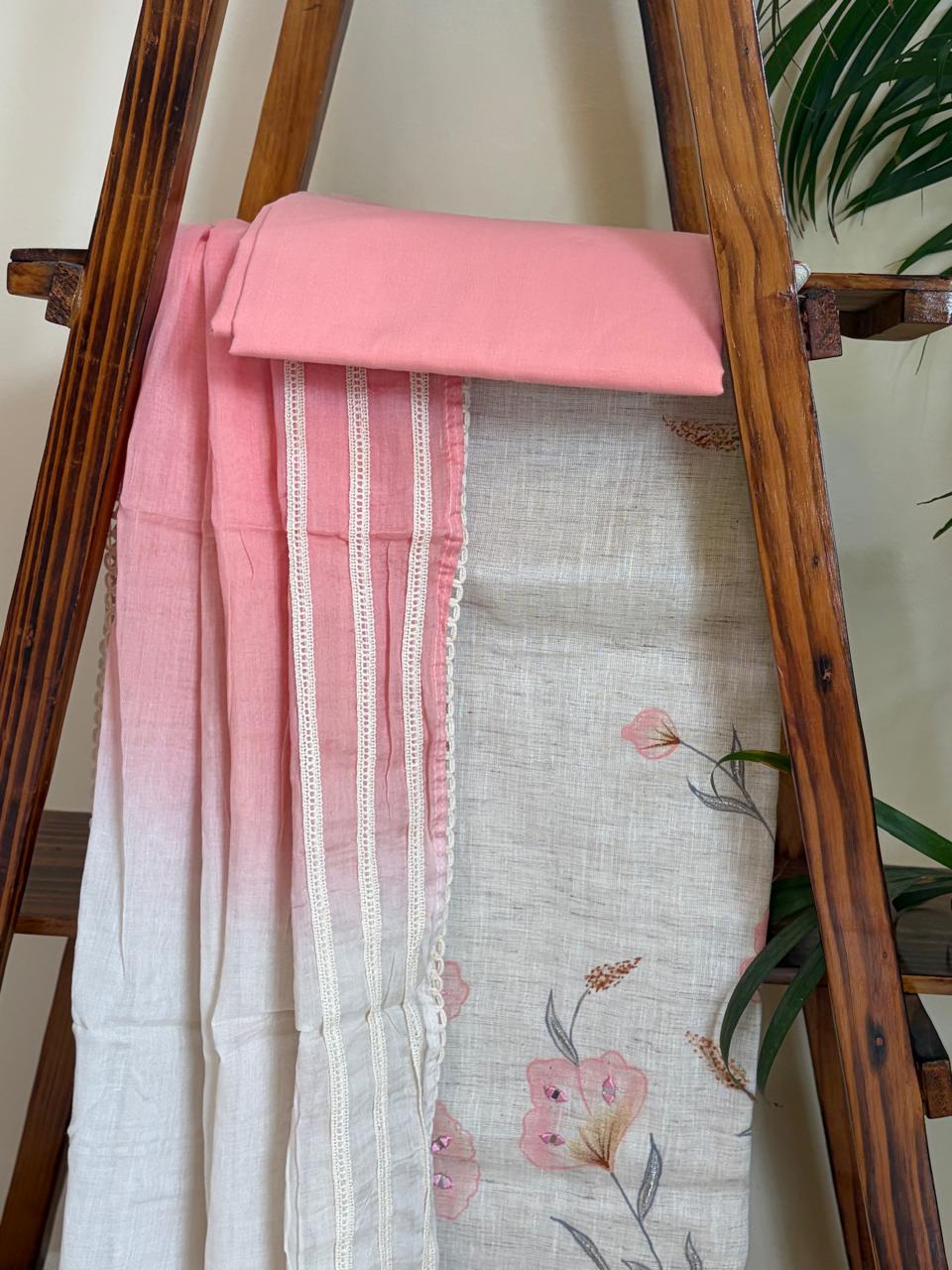 Beautiful Cotton 3 piece Suit with Print and Mirrors - Pink