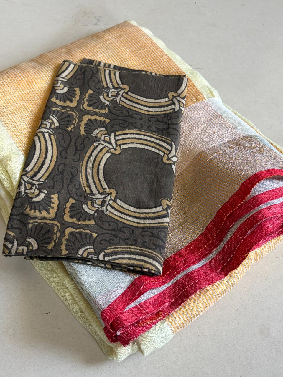 100 Handwoven Linen saree with tassels - Pastel Yellow