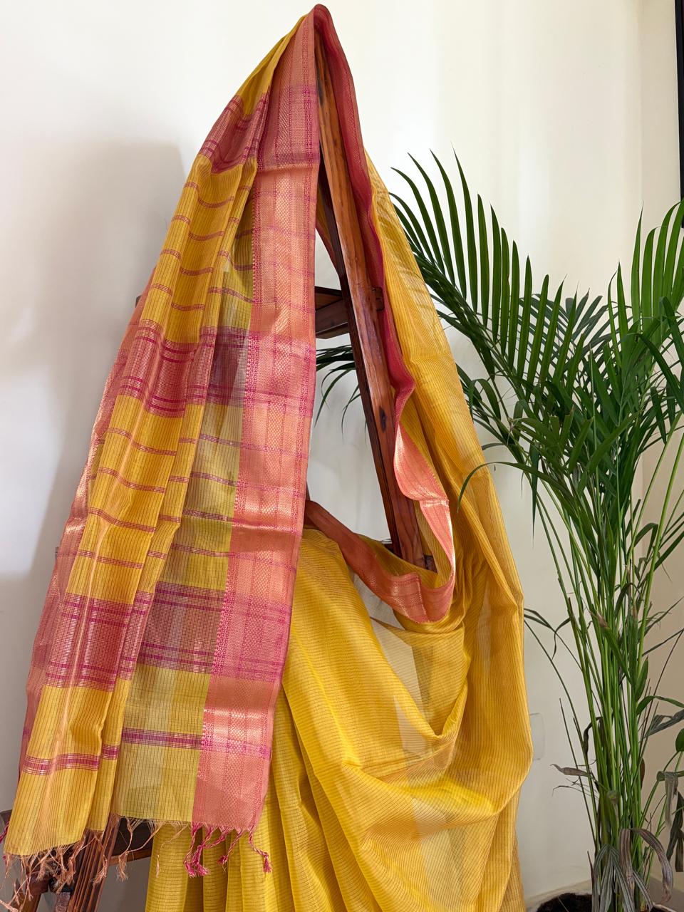Aabha Mustard Yellow and Peach Handwoven Maheshwari Saree