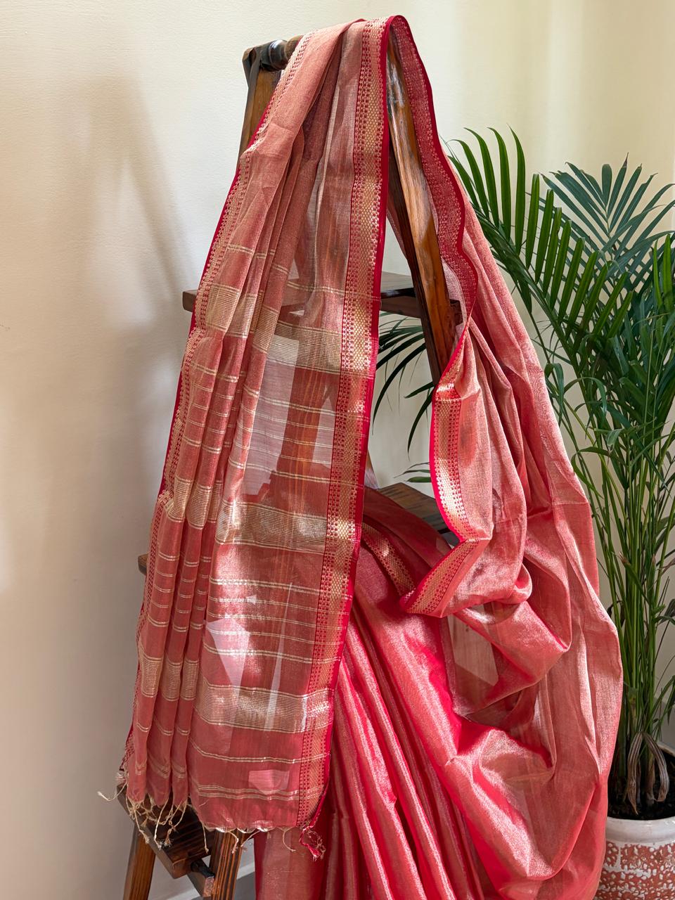 Ruhani Coral Pink and Rose-Gold Handwoven Maheshwari Tissue Saree