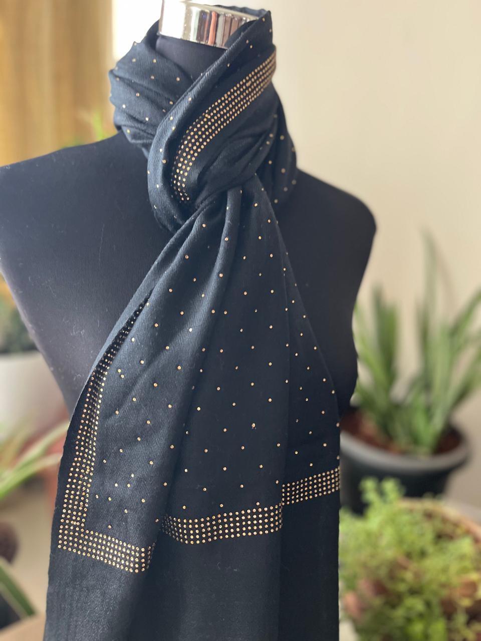 Woollen Stole with Stone Embellished Borders- Black