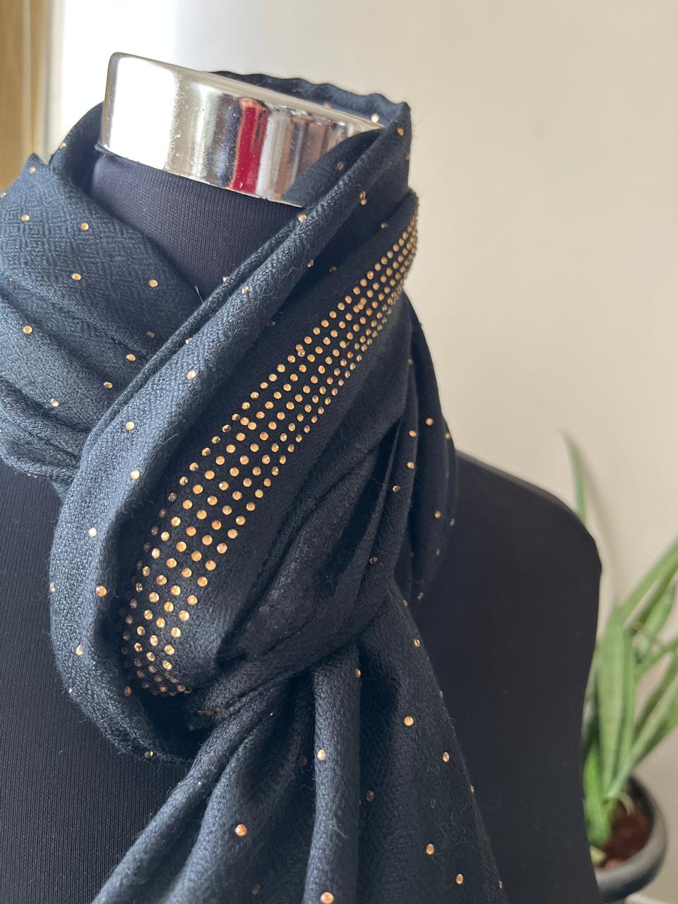 Woollen Stole with Stone Embellished Borders- Black