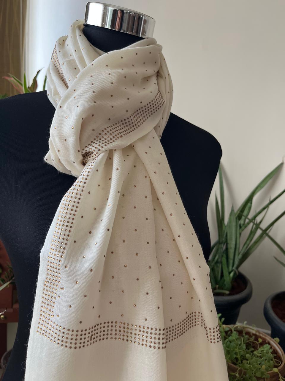 Woollen Stole with Stone Embellished Borders- Off White