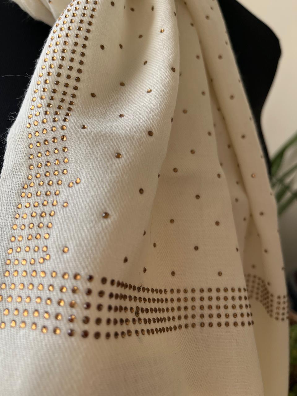 Woollen Stole with Stone Embellished Borders- Off White