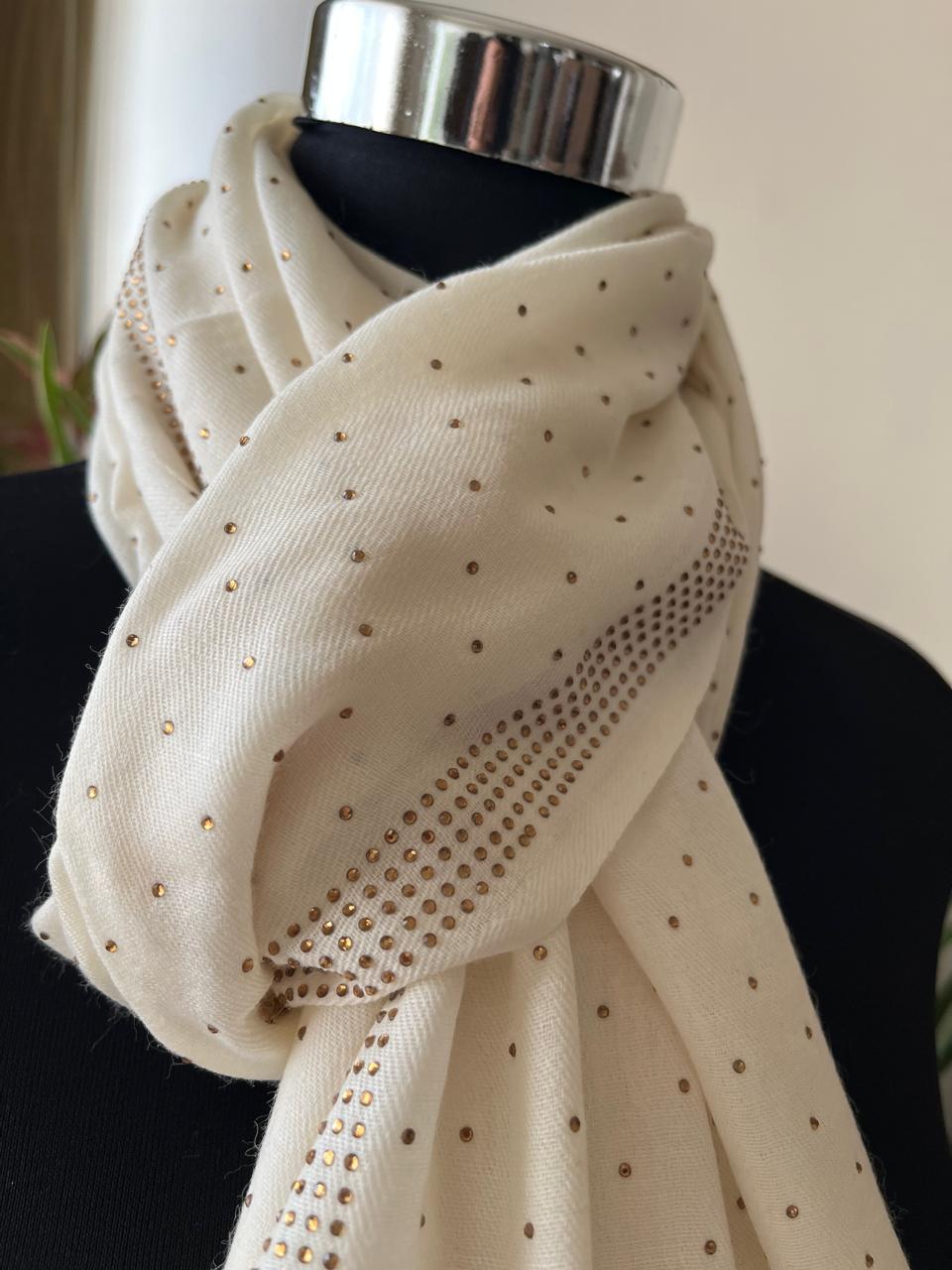 Woollen Stole with Stone Embellished Borders- Off White
