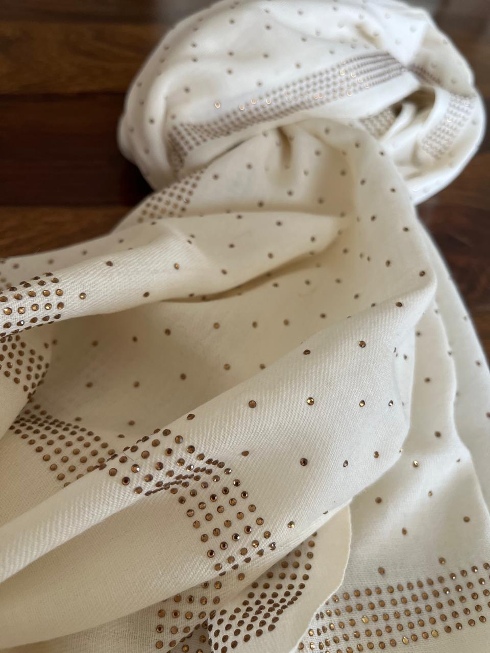 Woollen Stole with Stone Embellished Borders- Off White