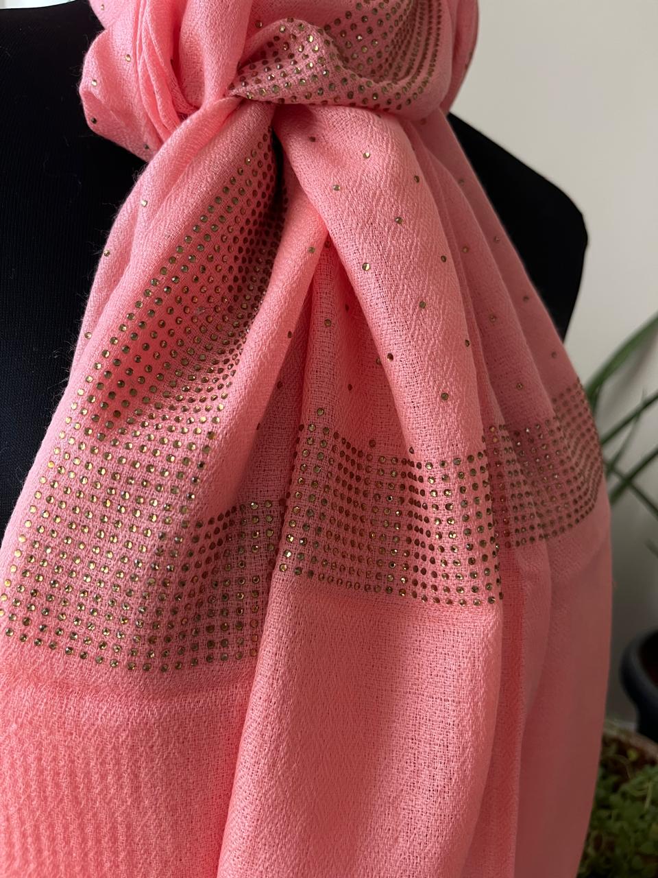 Woollen Stole with Stone Embellished Borders- Peach Pink