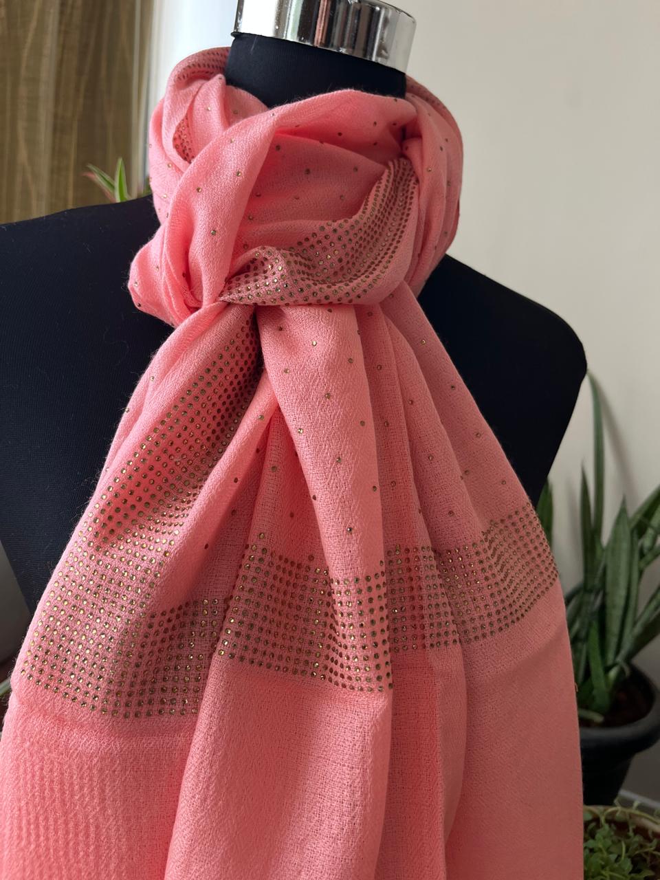 Woollen Stole with Stone Embellished Borders- Peach Pink