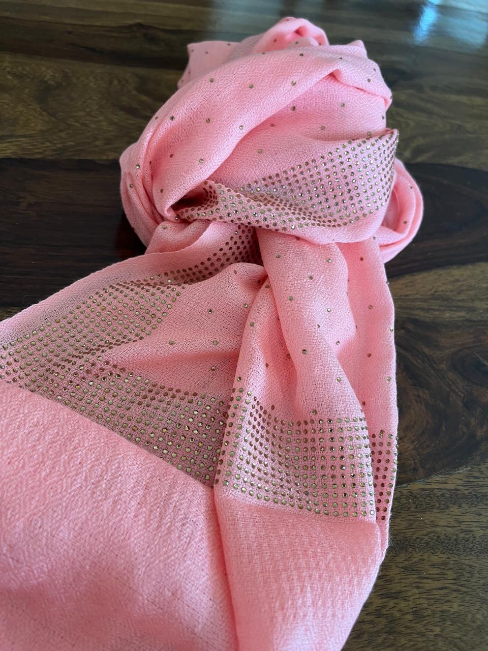 Woollen Stole with Stone Embellished Borders- Peach Pink