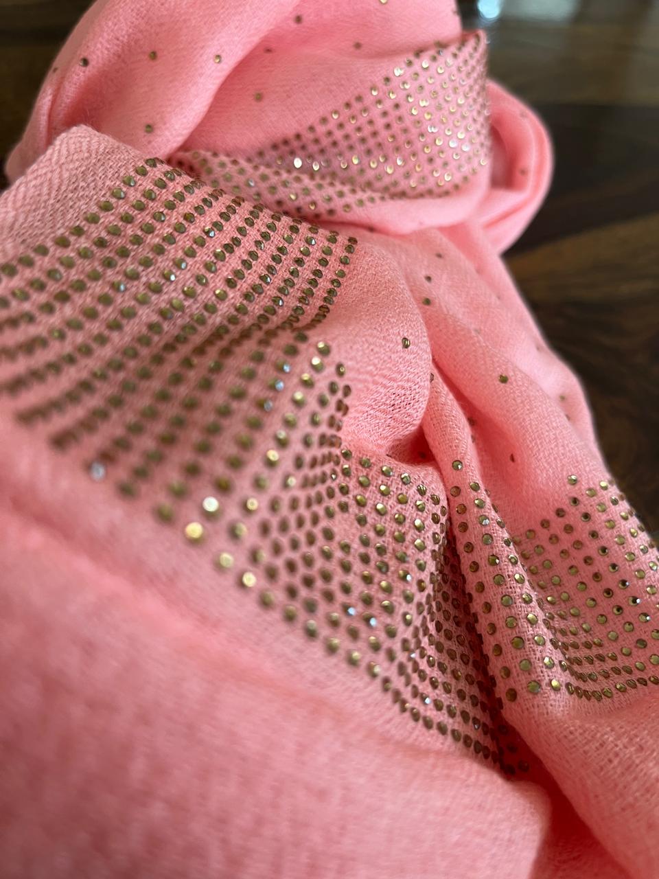 Woollen Stole with Stone Embellished Borders- Peach Pink