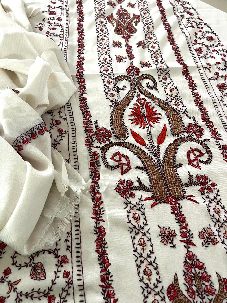 Pure Wool 3 piece Suit with Hand Sozni Work - Ivory White