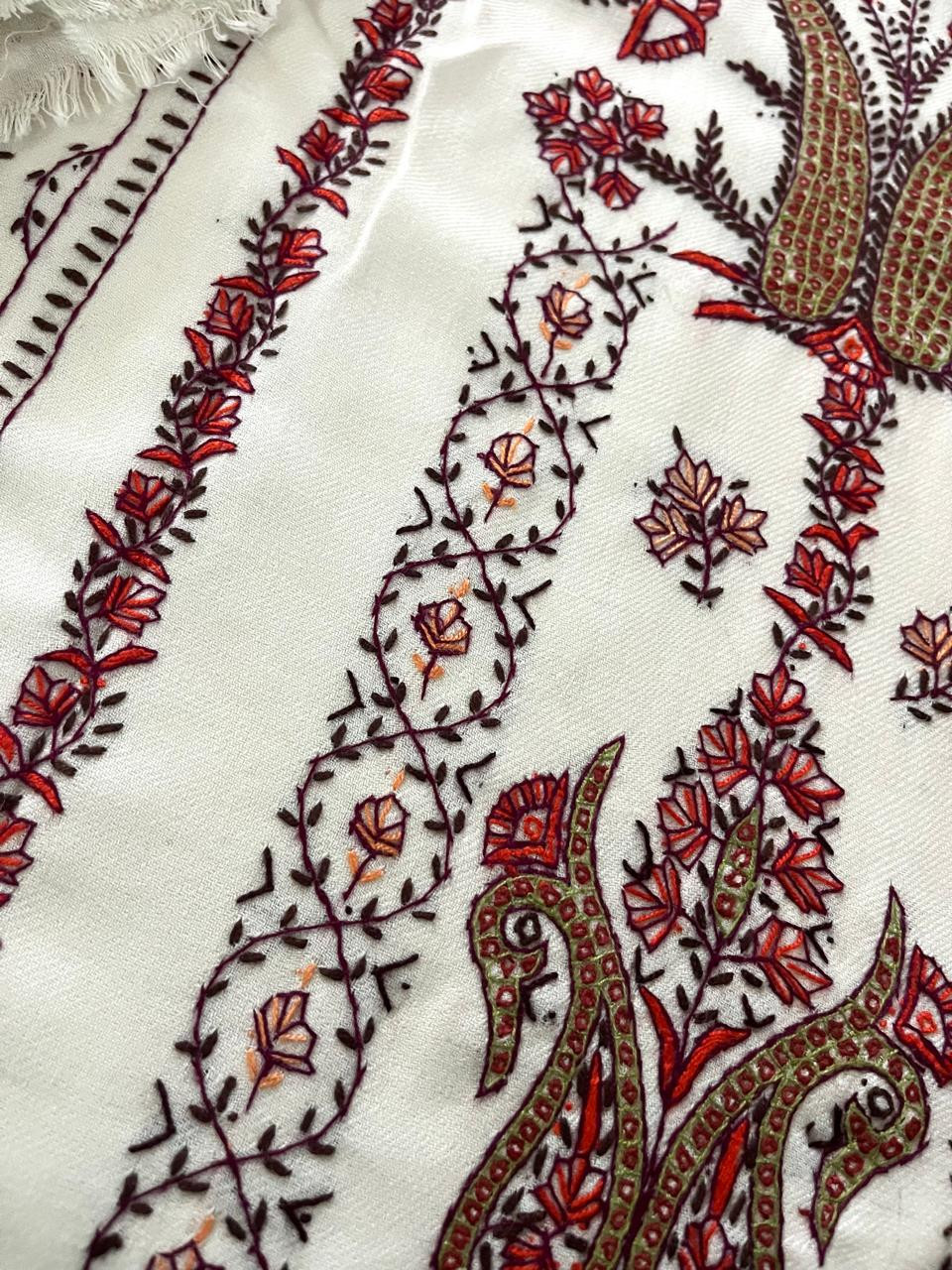 Pure Wool 3 piece Suit with Hand Sozni Work - Ivory White