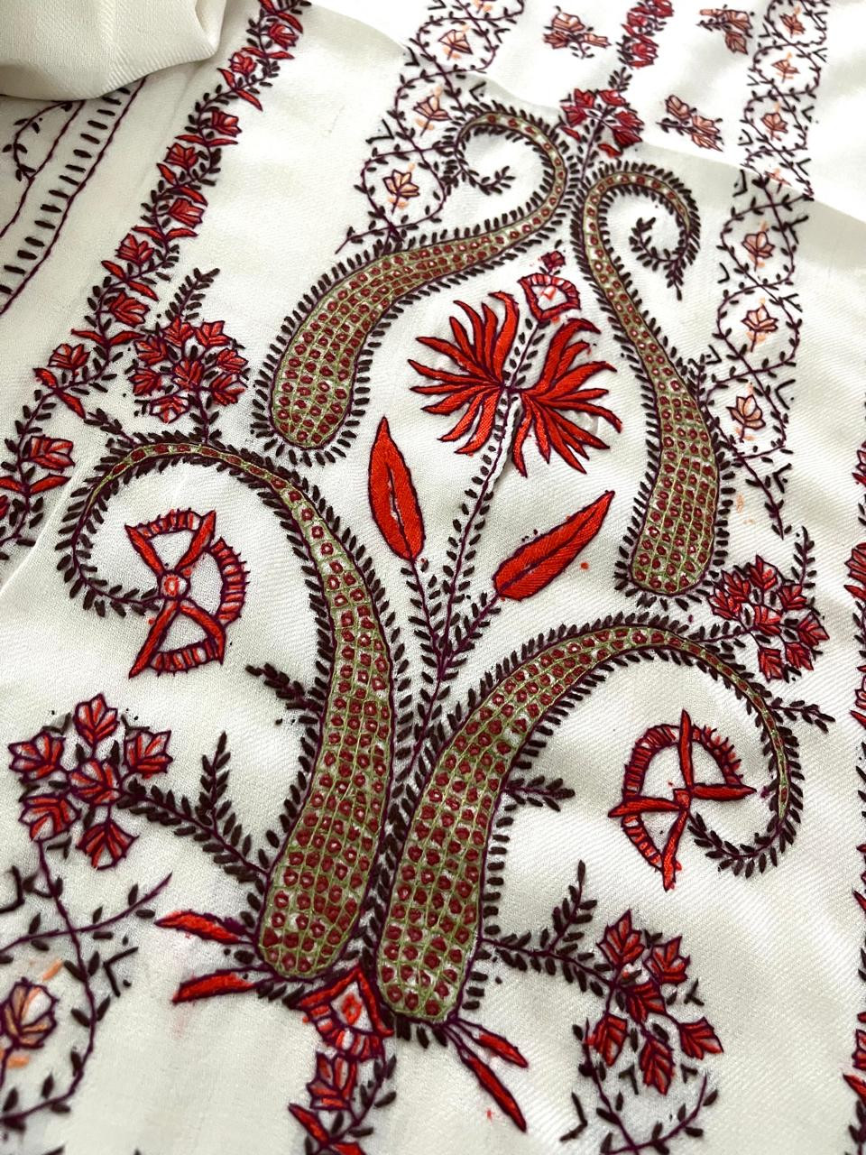 Pure Wool 3 piece Suit with Hand Sozni Work - Ivory White