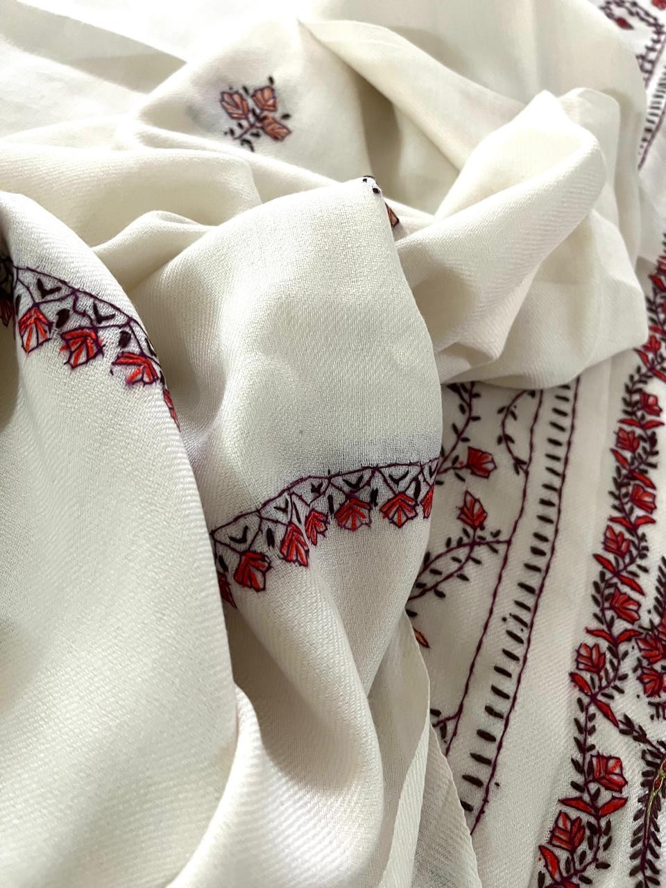 Pure Wool 3 piece Suit with Hand Sozni Work - Ivory White