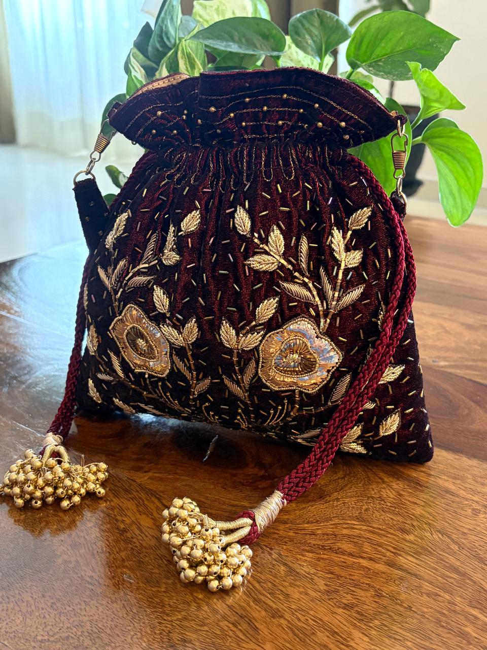 Zareen Deep Wine Floral Zardozi and Kamdani Potli