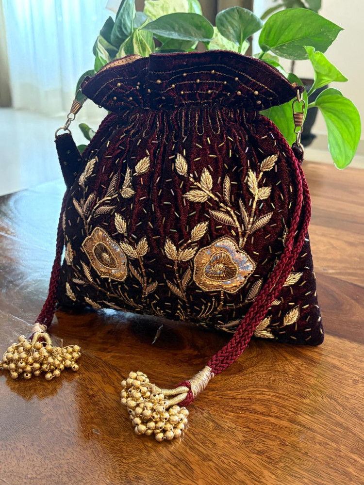 Image of Zareen Deep Wine Floral Zardozi and Kamdani Potli