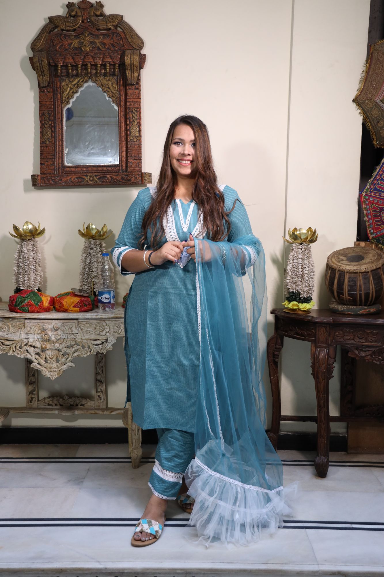 Teal Blue lace kurta set