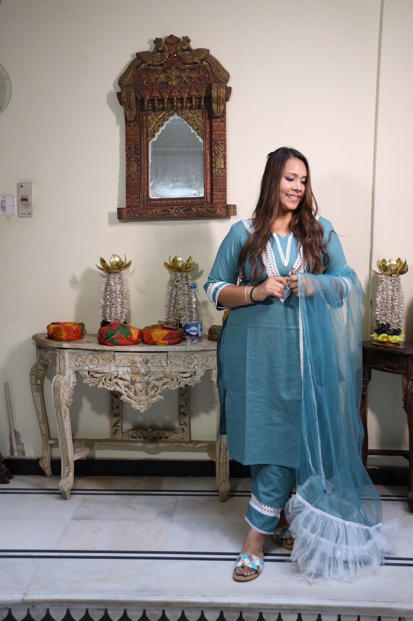 Teal Blue lace kurta set