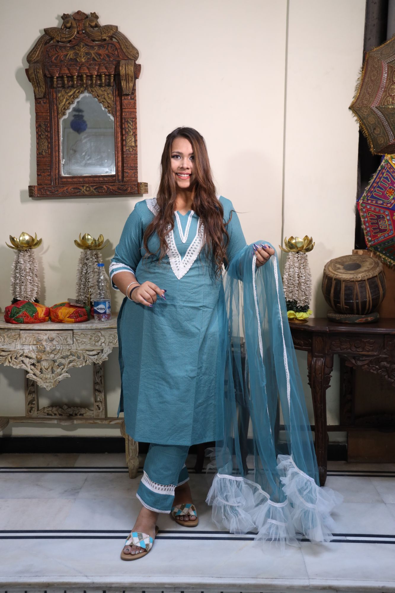 Teal Blue lace kurta set