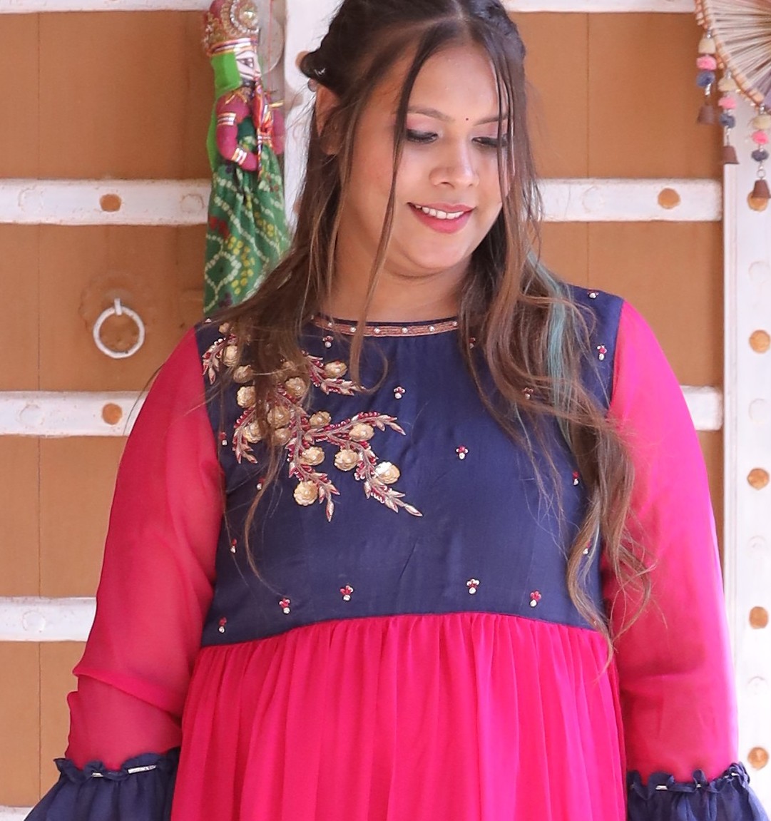 Pink and Blue Handwork Anarkali Set