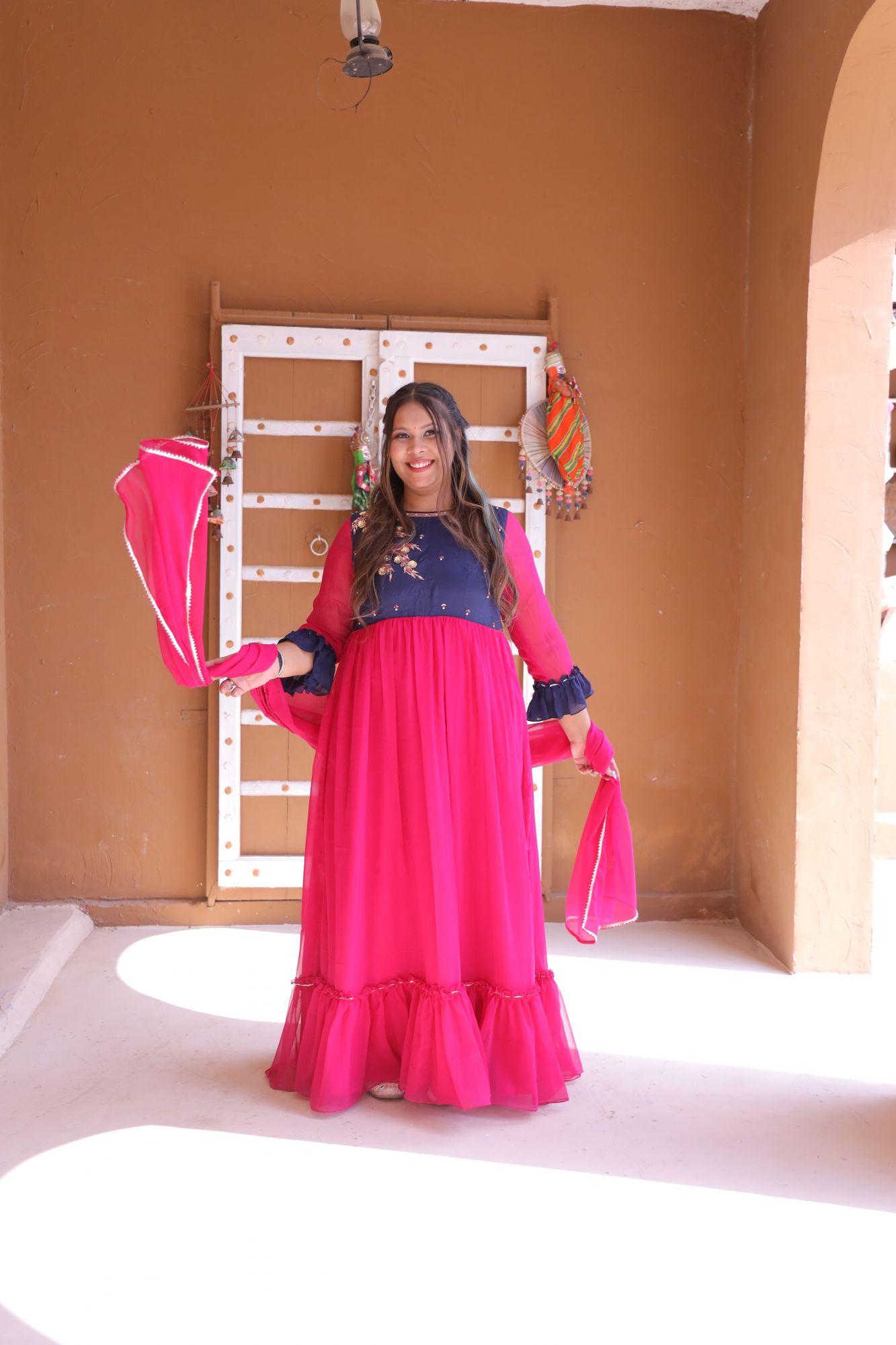 Pink and Blue Handwork Anarkali Set