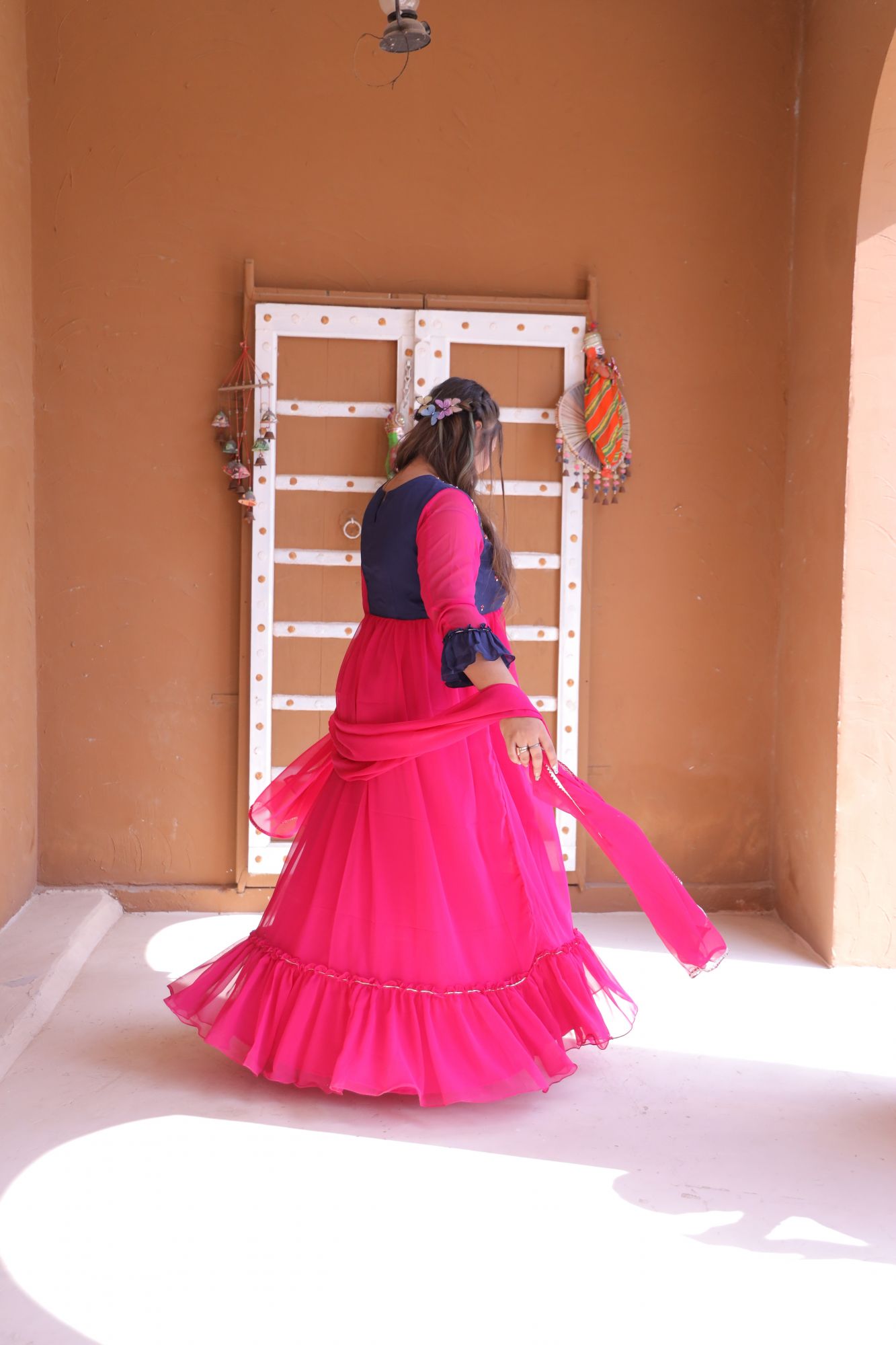 Pink and Blue Handwork Anarkali Set