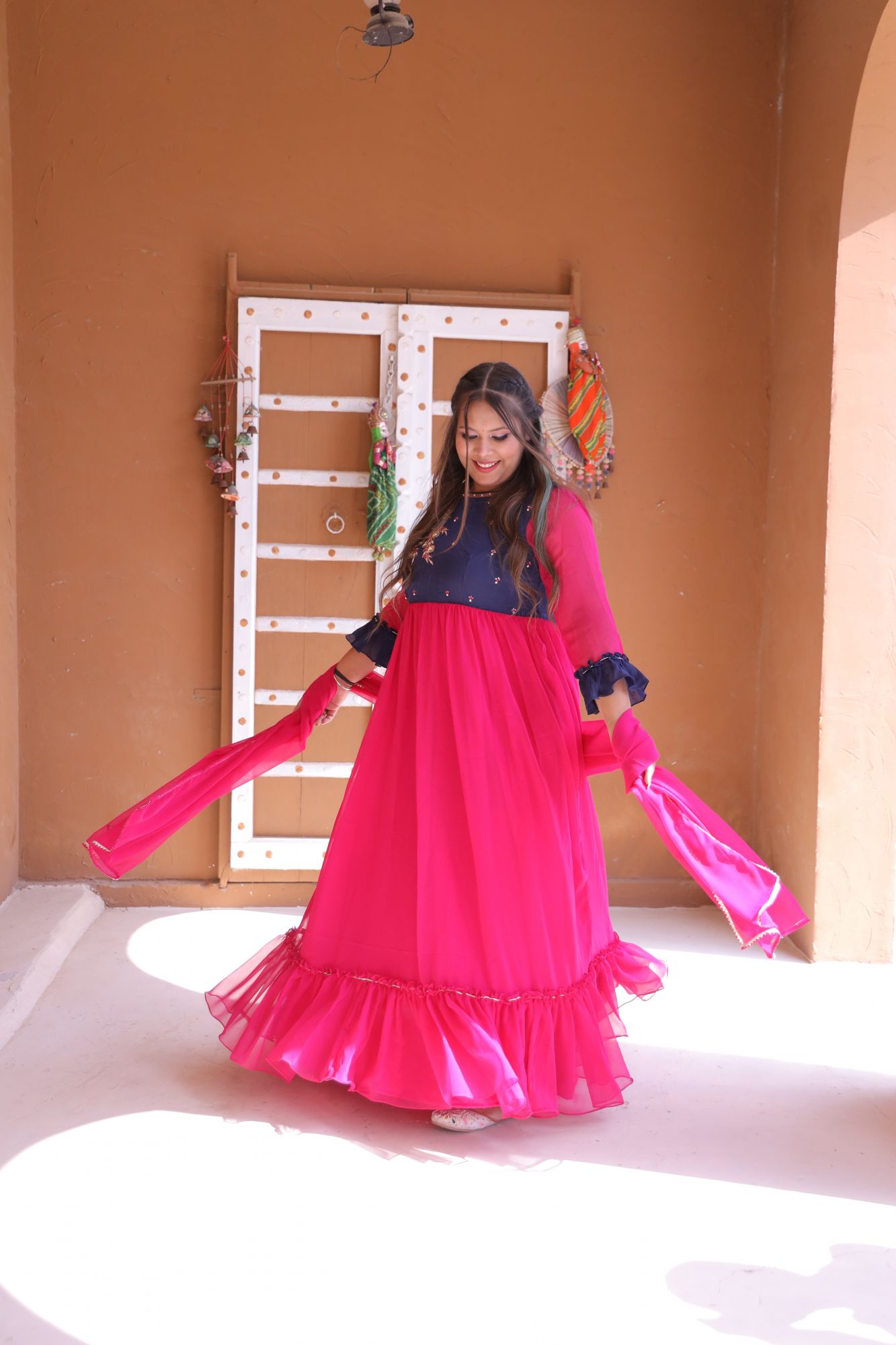 Pink and Blue Handwork Anarkali Set