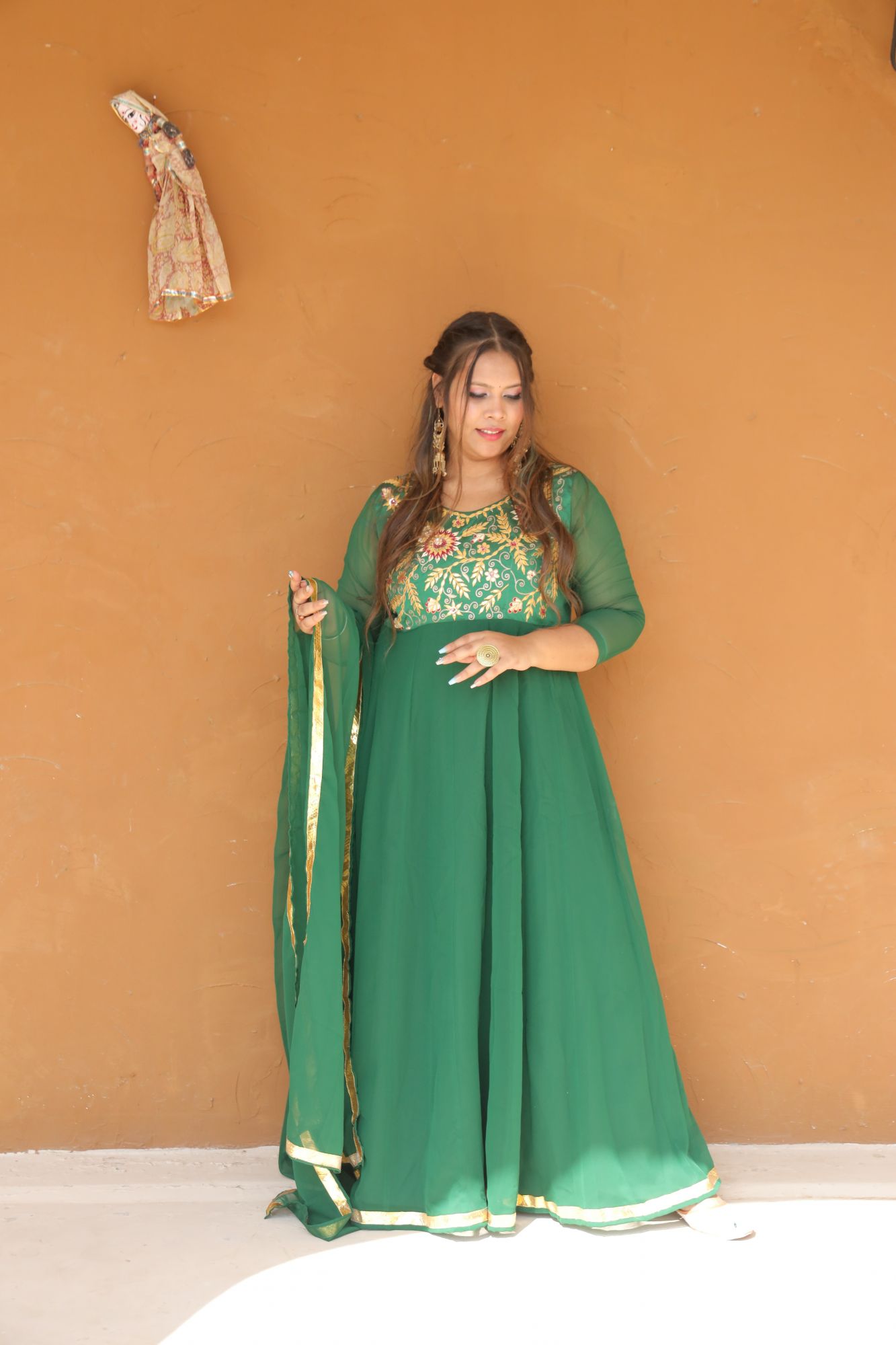 Bottle Green Handwork Anarkali Set