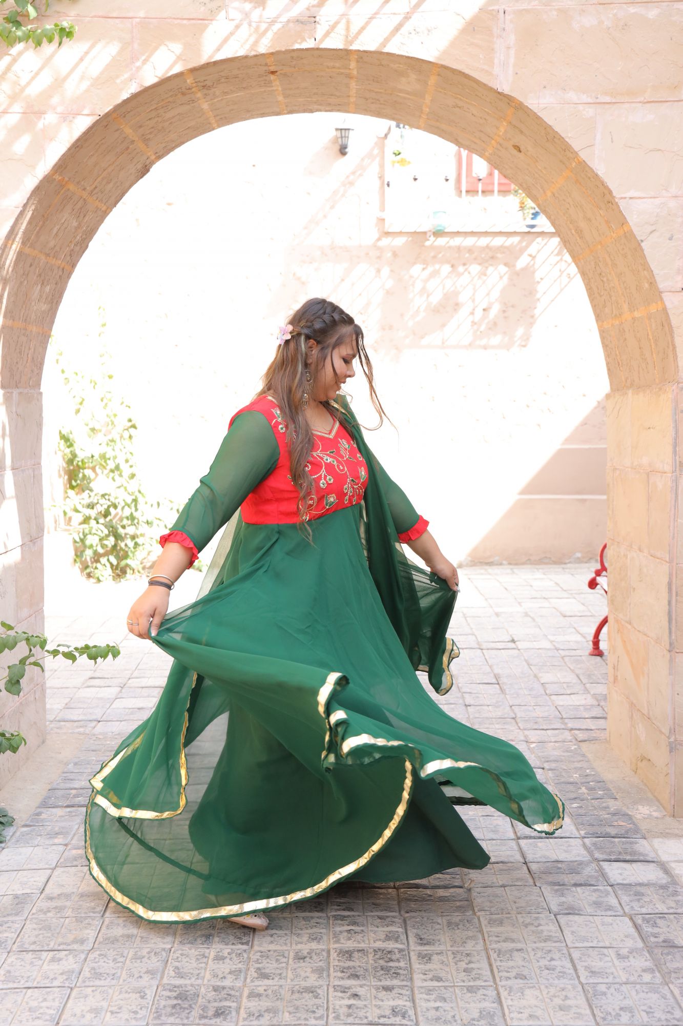 Bottle Green Red Handwork Anarkali Set