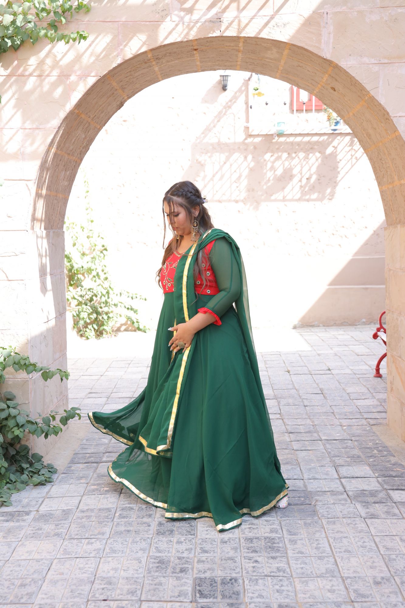 Bottle Green Red Handwork Anarkali Set