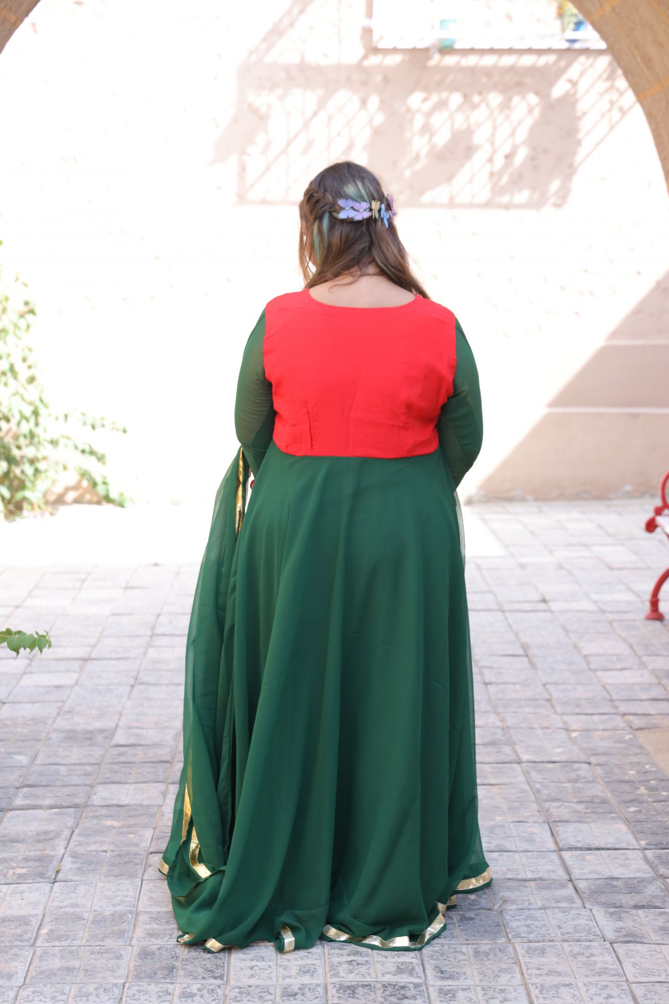 Bottle Green Red Handwork Anarkali Set