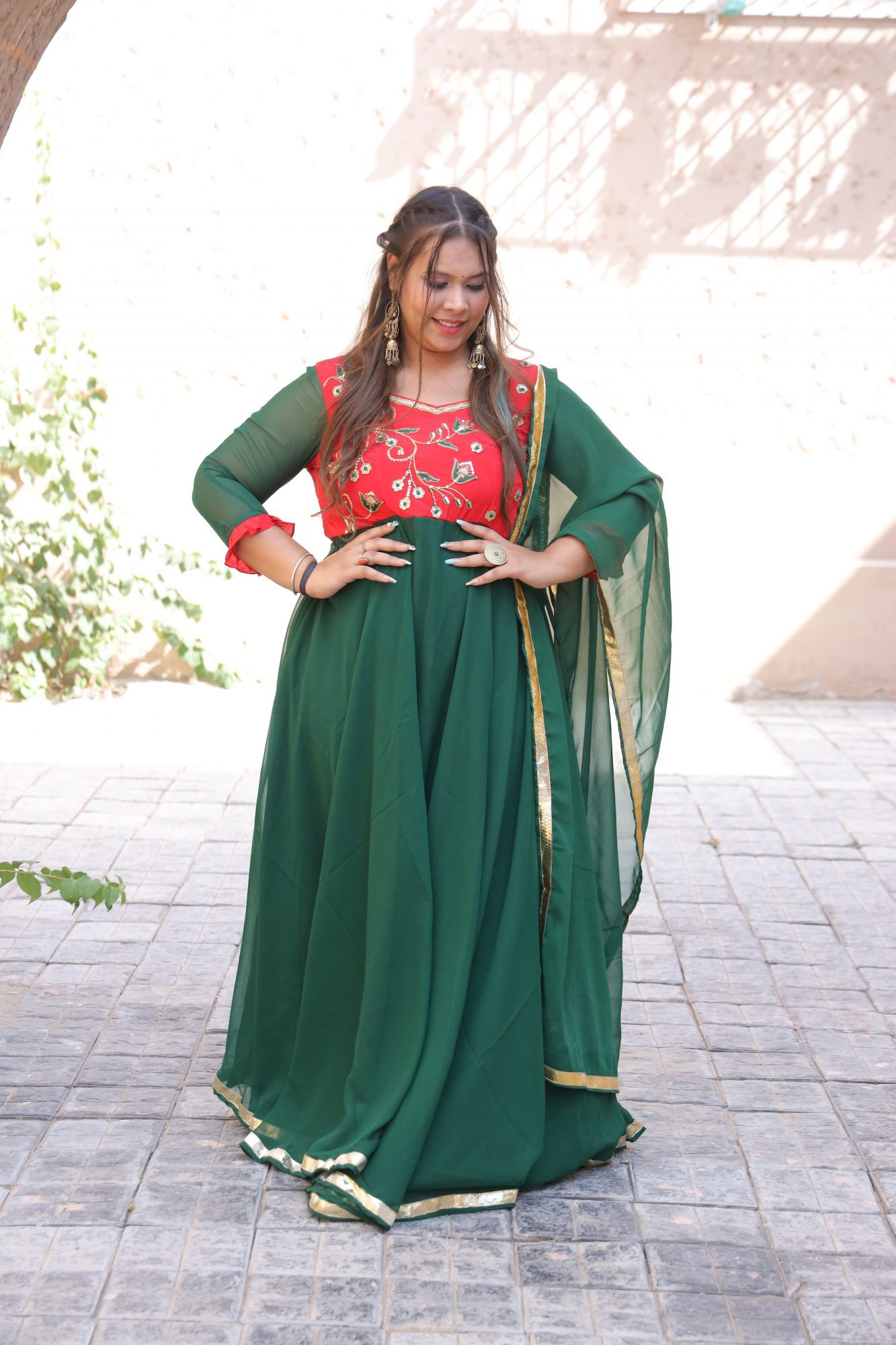 Bottle Green Red Handwork Anarkali Set