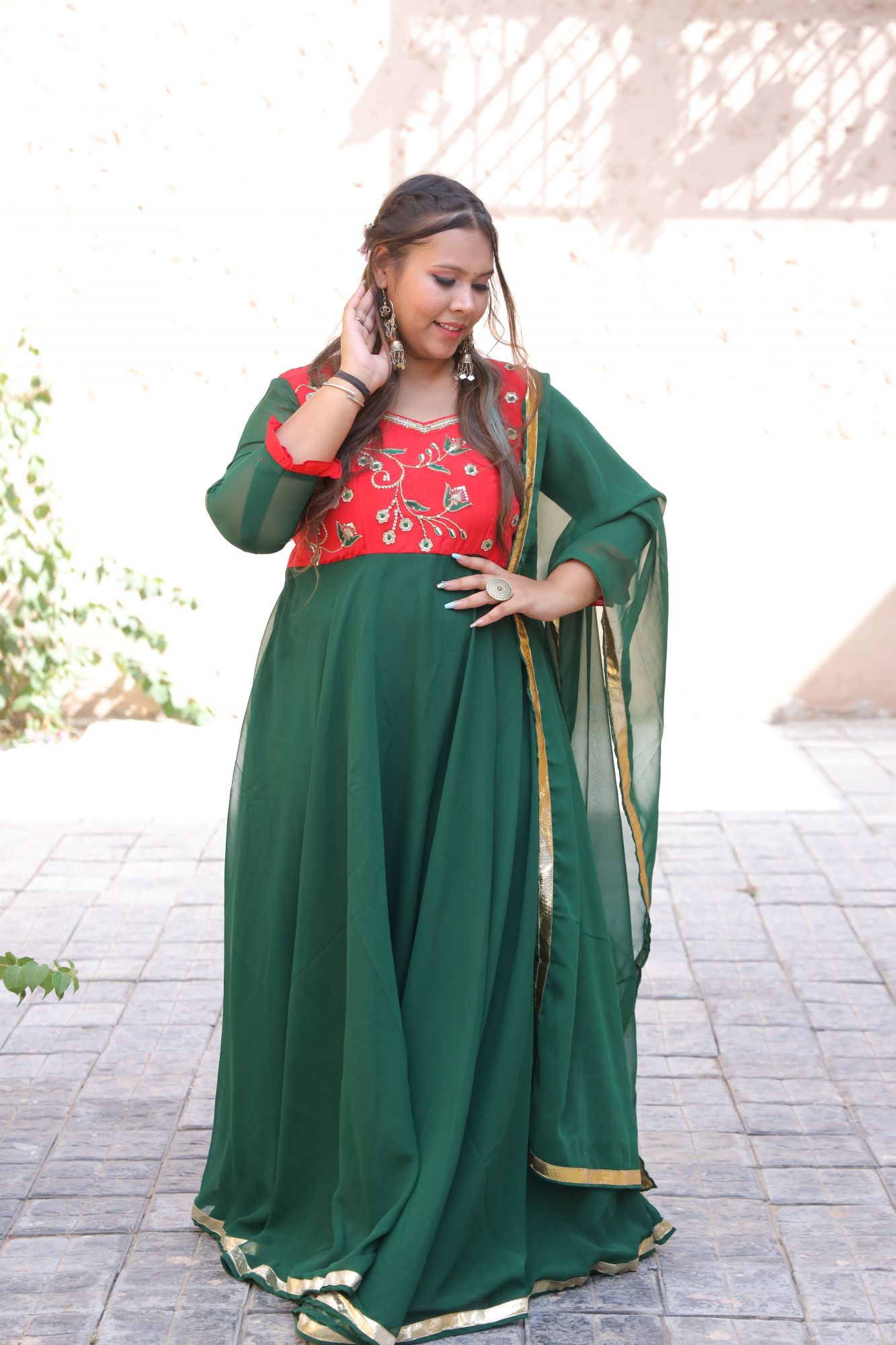 Bottle Green Red Handwork Anarkali Set