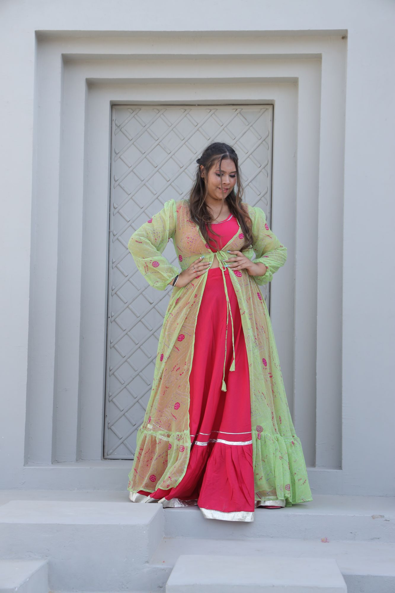 Rani Pink Lehenga Set With Bandhani Jacket