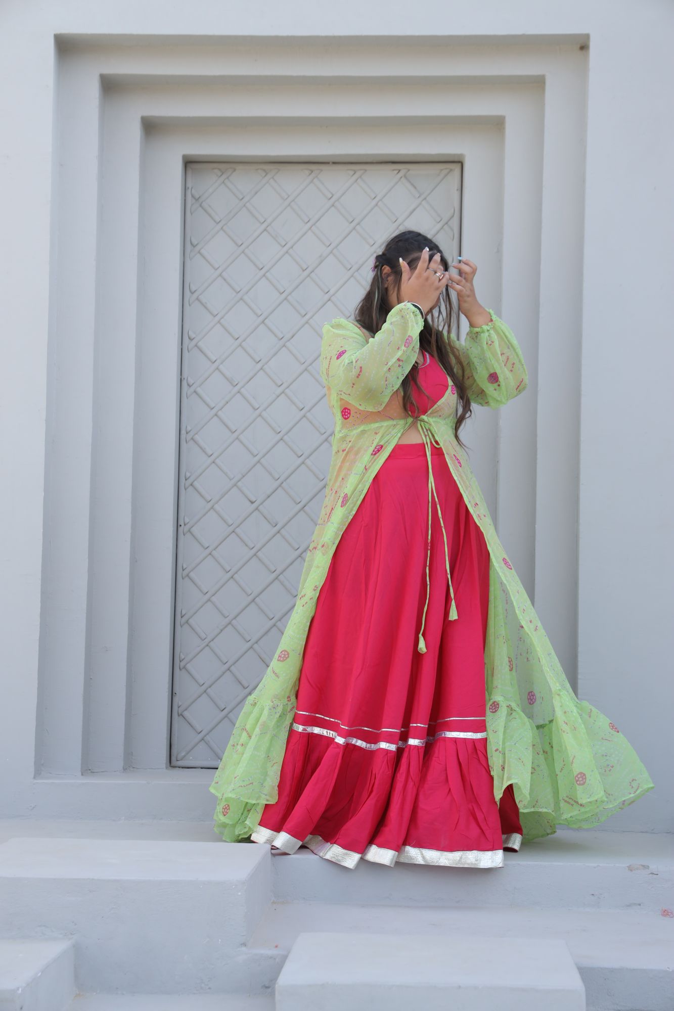 Rani Pink Lehenga Set With Bandhani Jacket