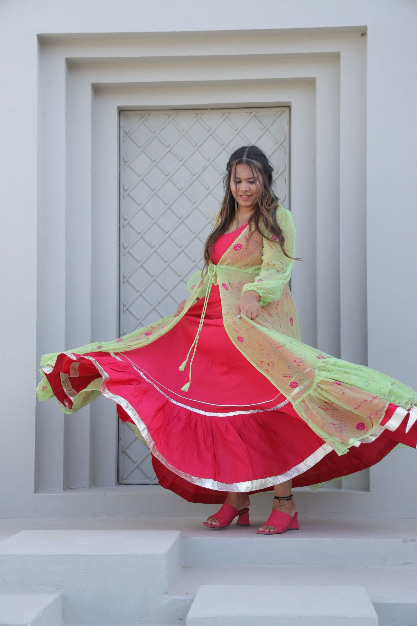 Rani Pink Lehenga Set With Bandhani Jacket