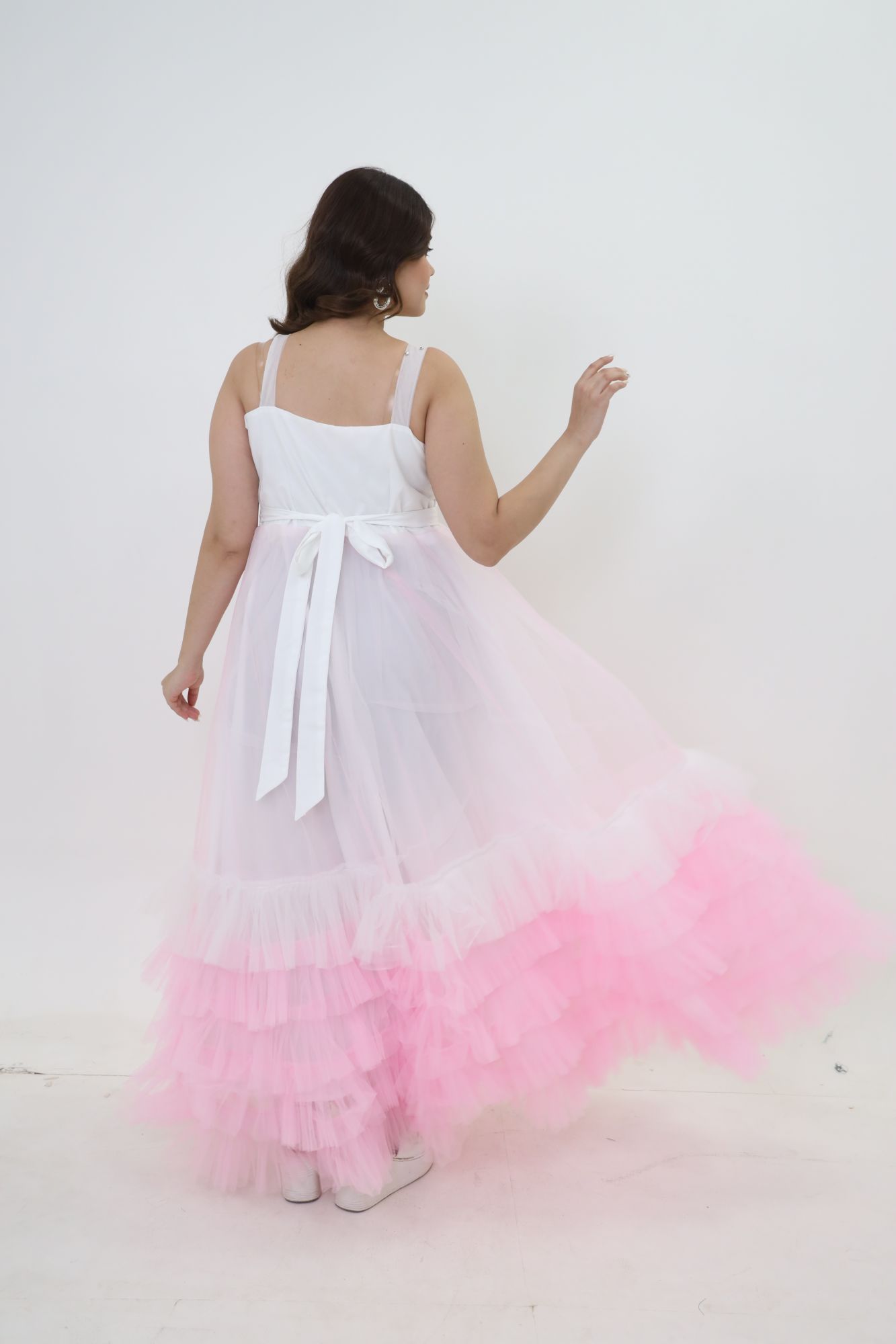 Pink And White Net Frill Gown