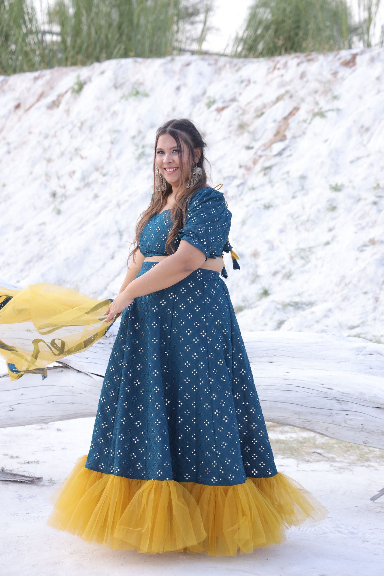 Teal blue and Mustard Lehenga Set