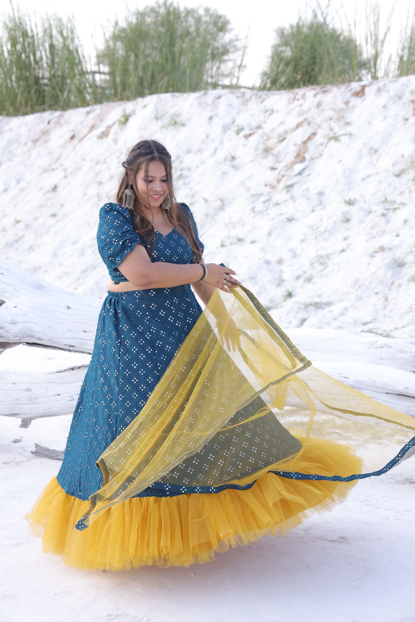 Teal blue and Mustard Lehenga Set