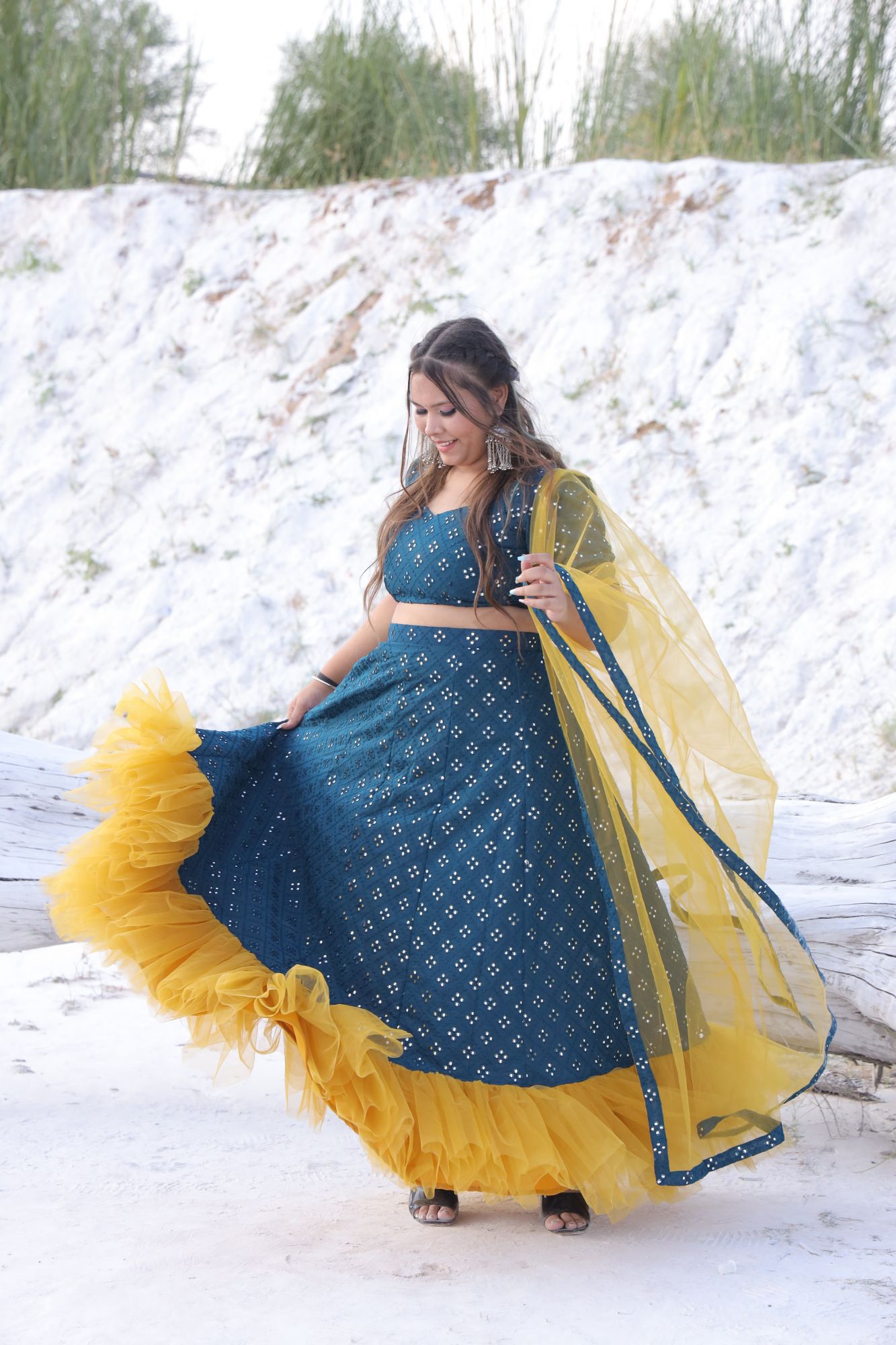 Teal blue and Mustard Lehenga Set