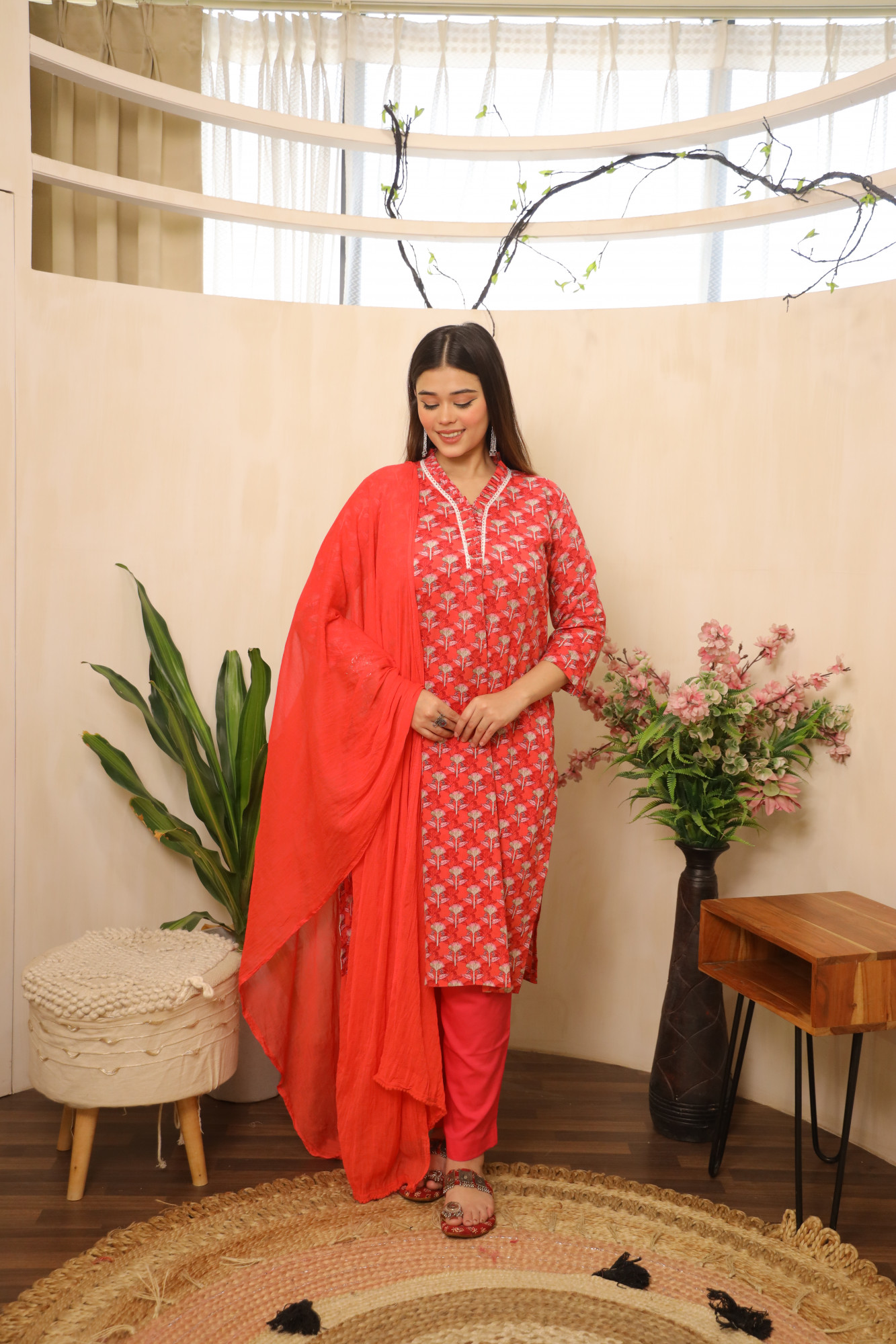 Red Floral Printed Straight Suit Set