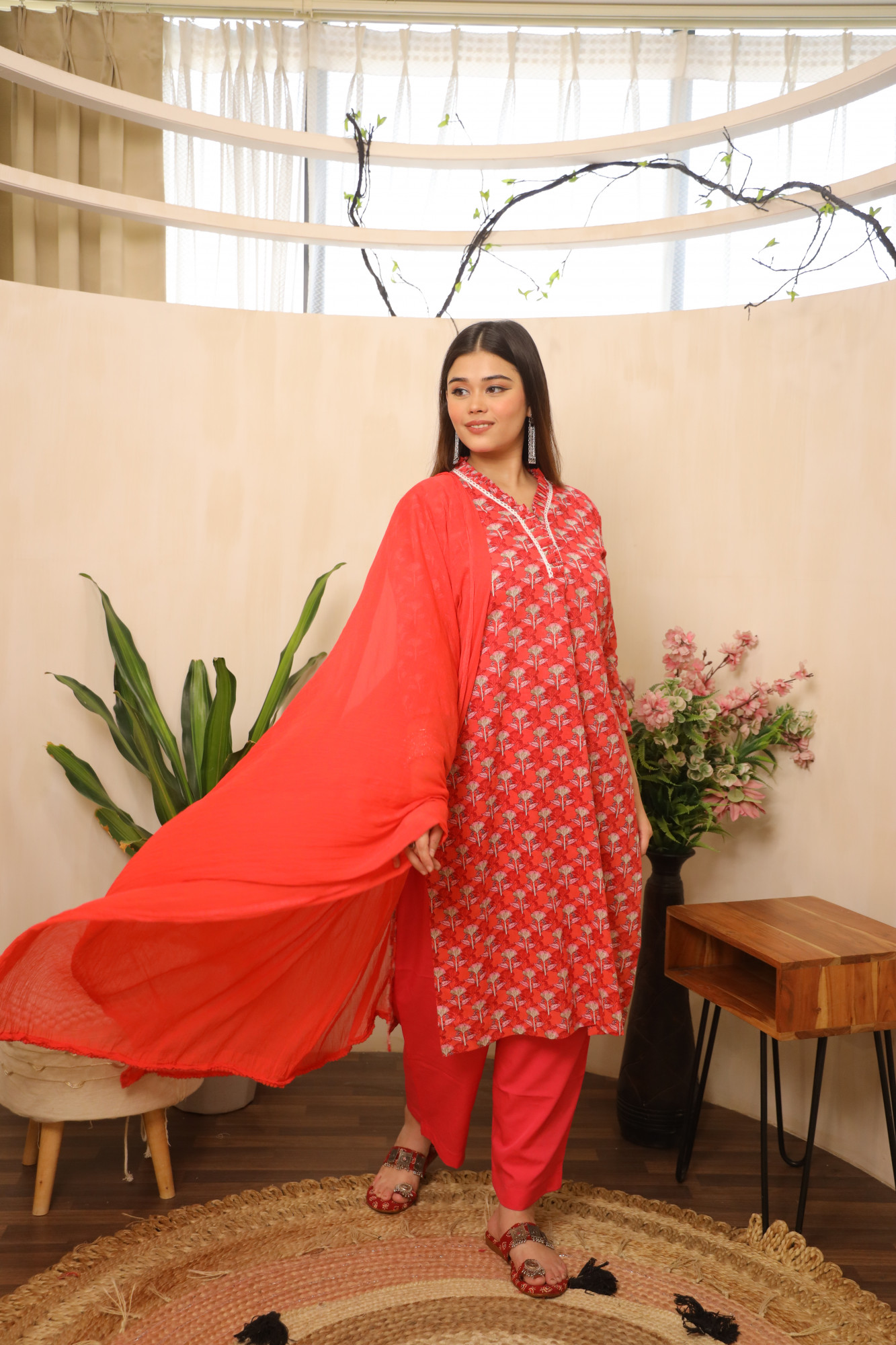 Red Floral Printed Straight Suit Set