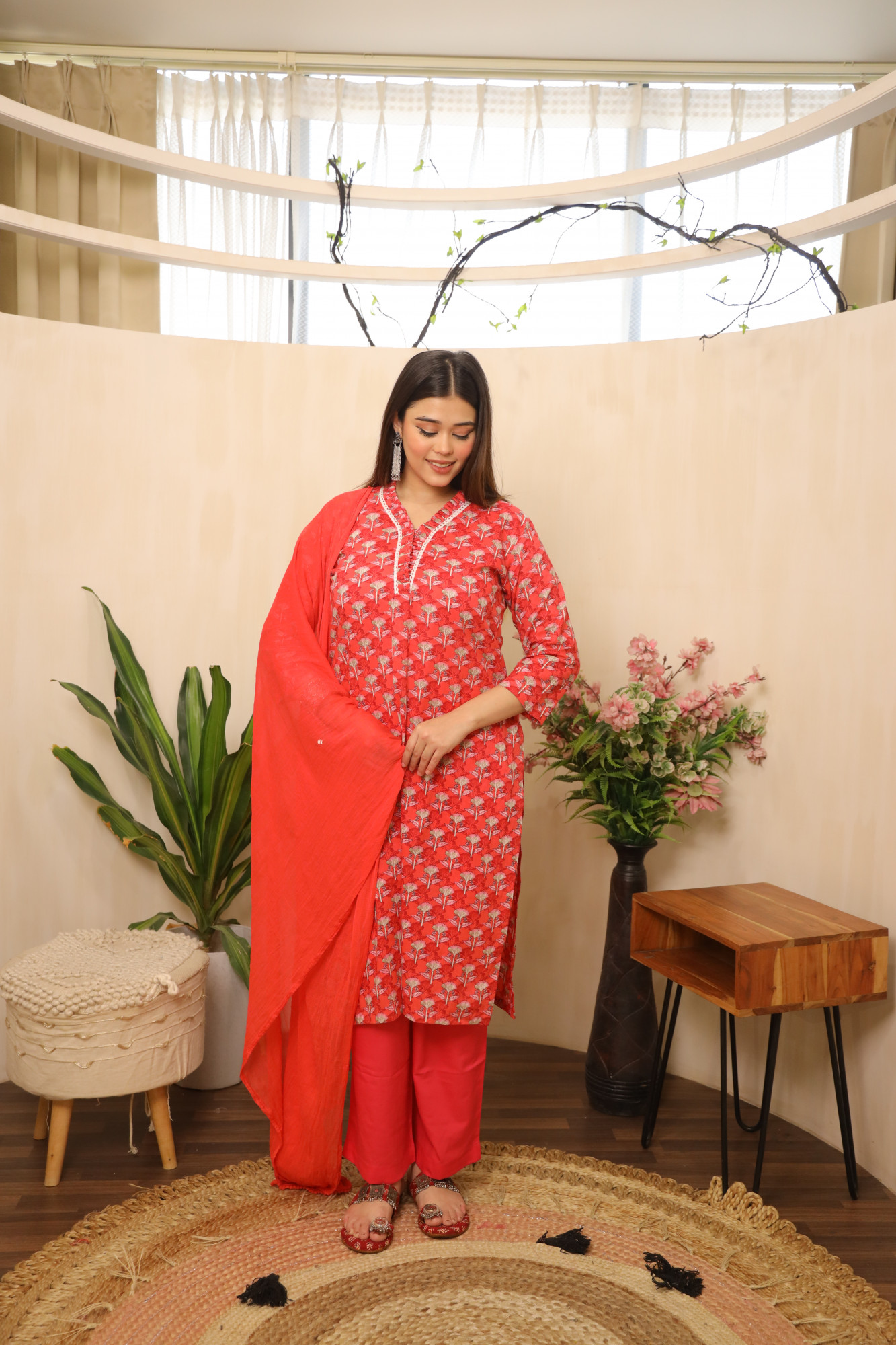Red Floral Printed Straight Suit Set