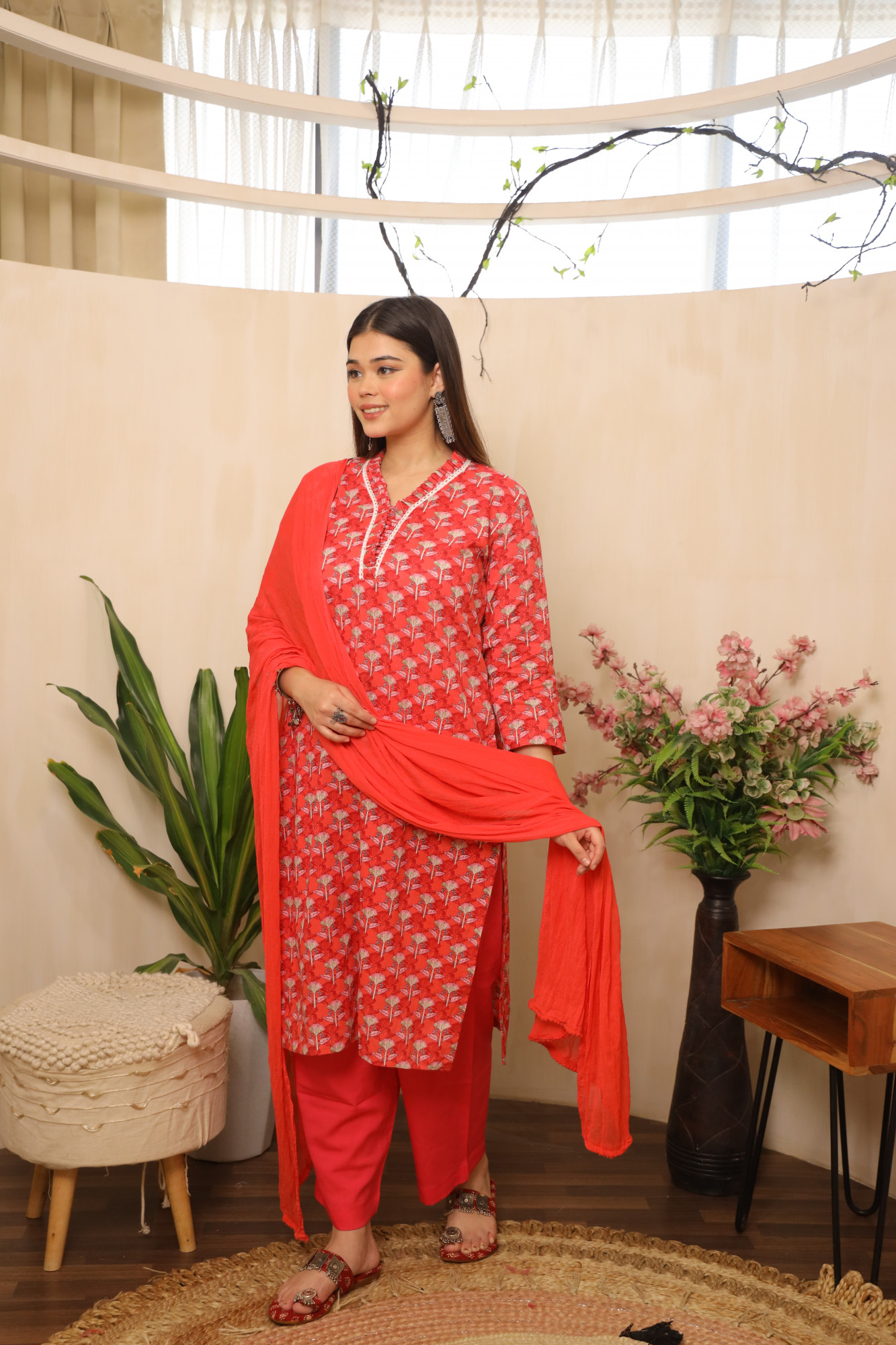 Red Floral Printed Straight Suit Set