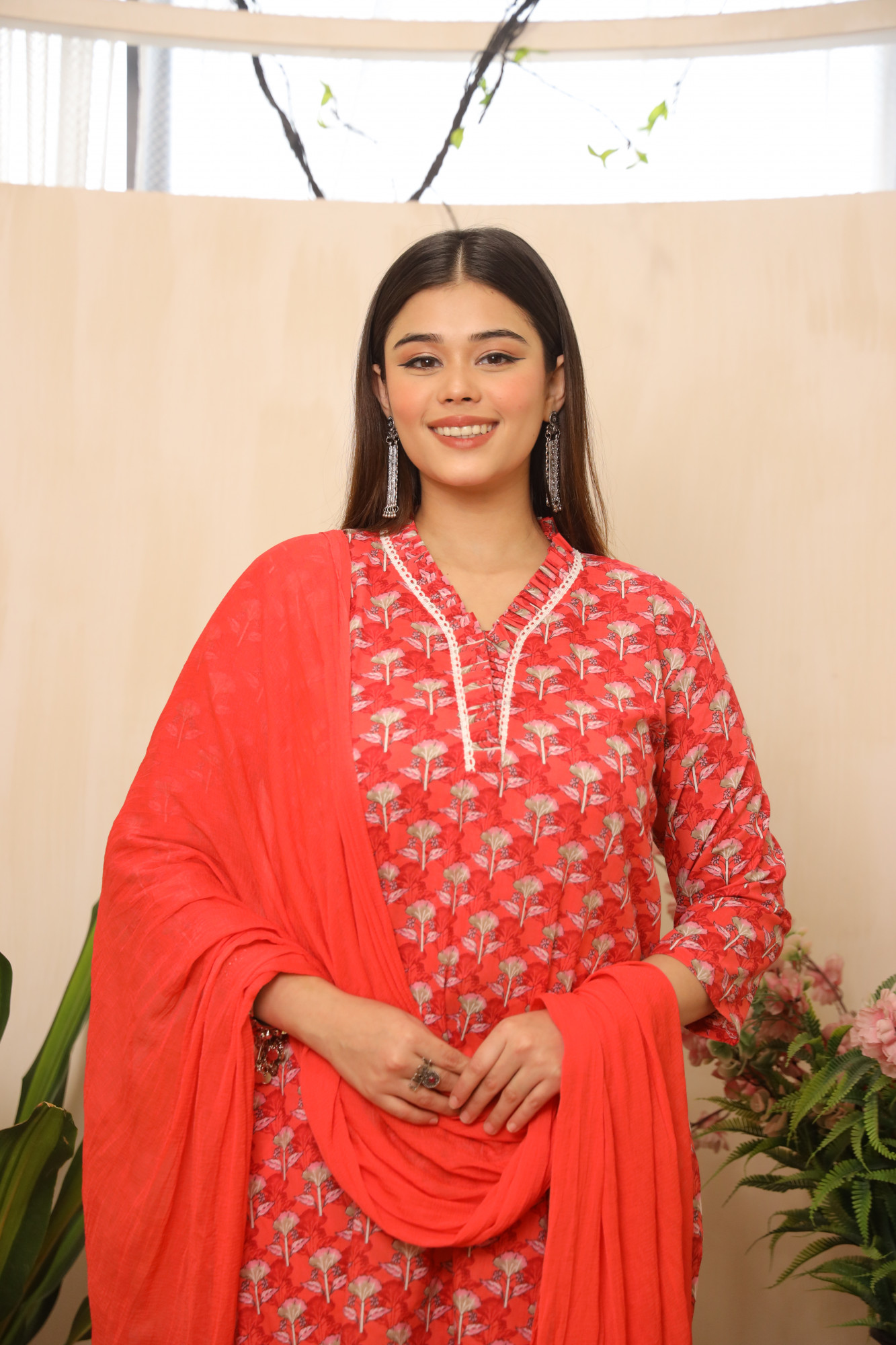 Red Floral Printed Straight Suit Set