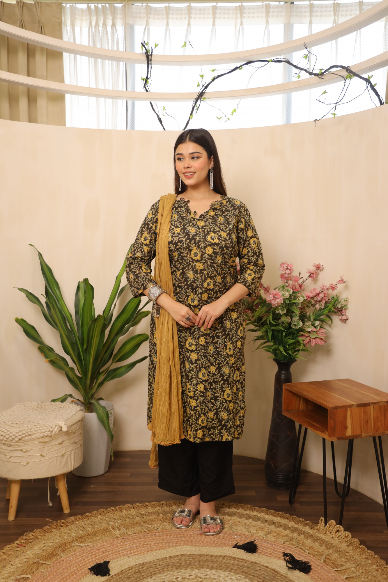 Mustard Floral Printed Straight Suit Set