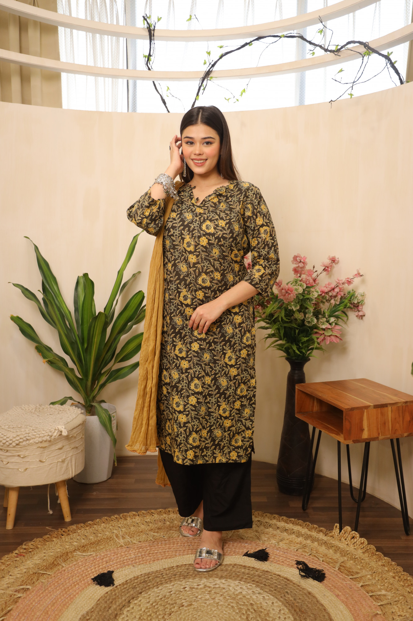 Mustard Floral Printed Straight Suit Set