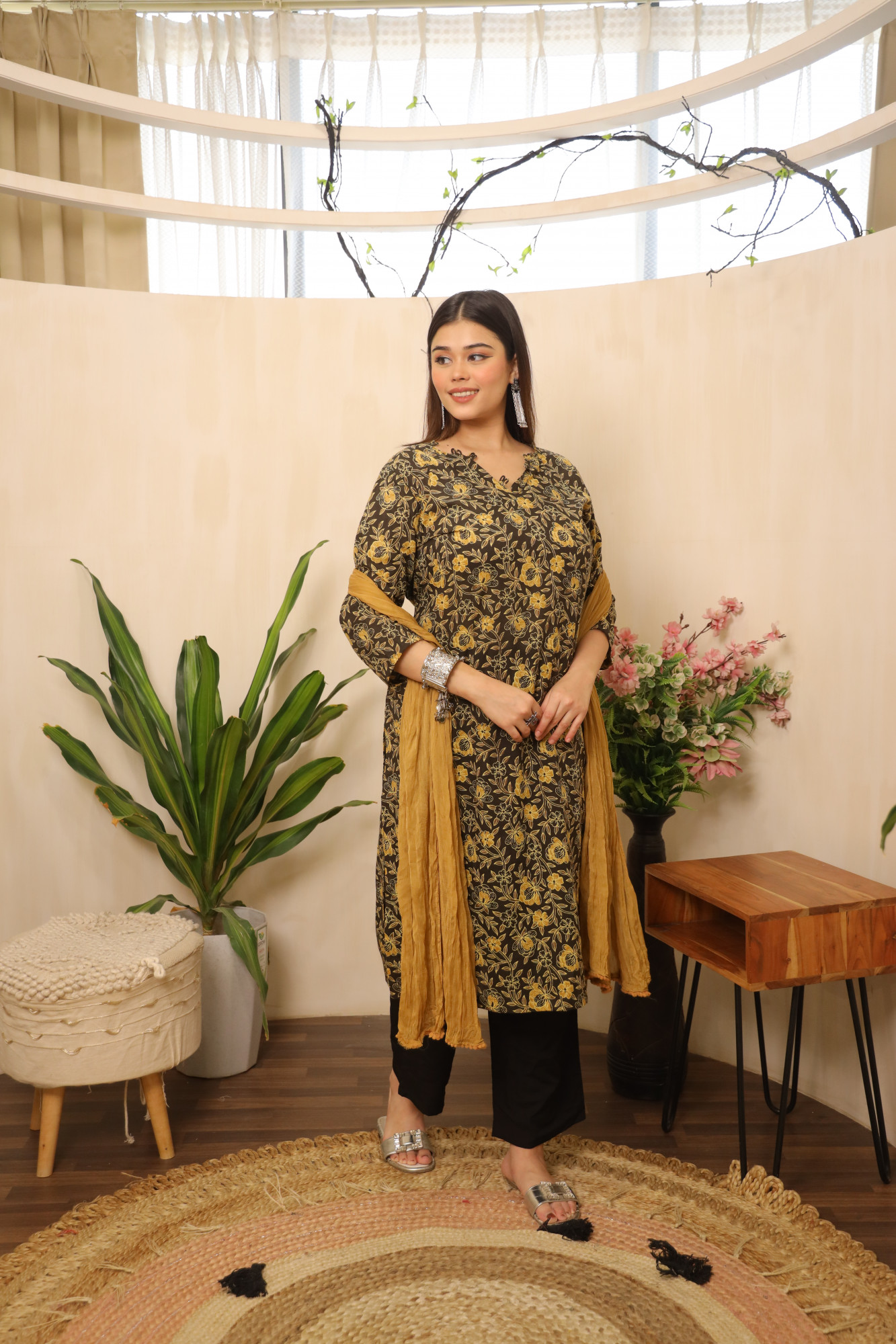 Mustard Floral Printed Straight Suit Set
