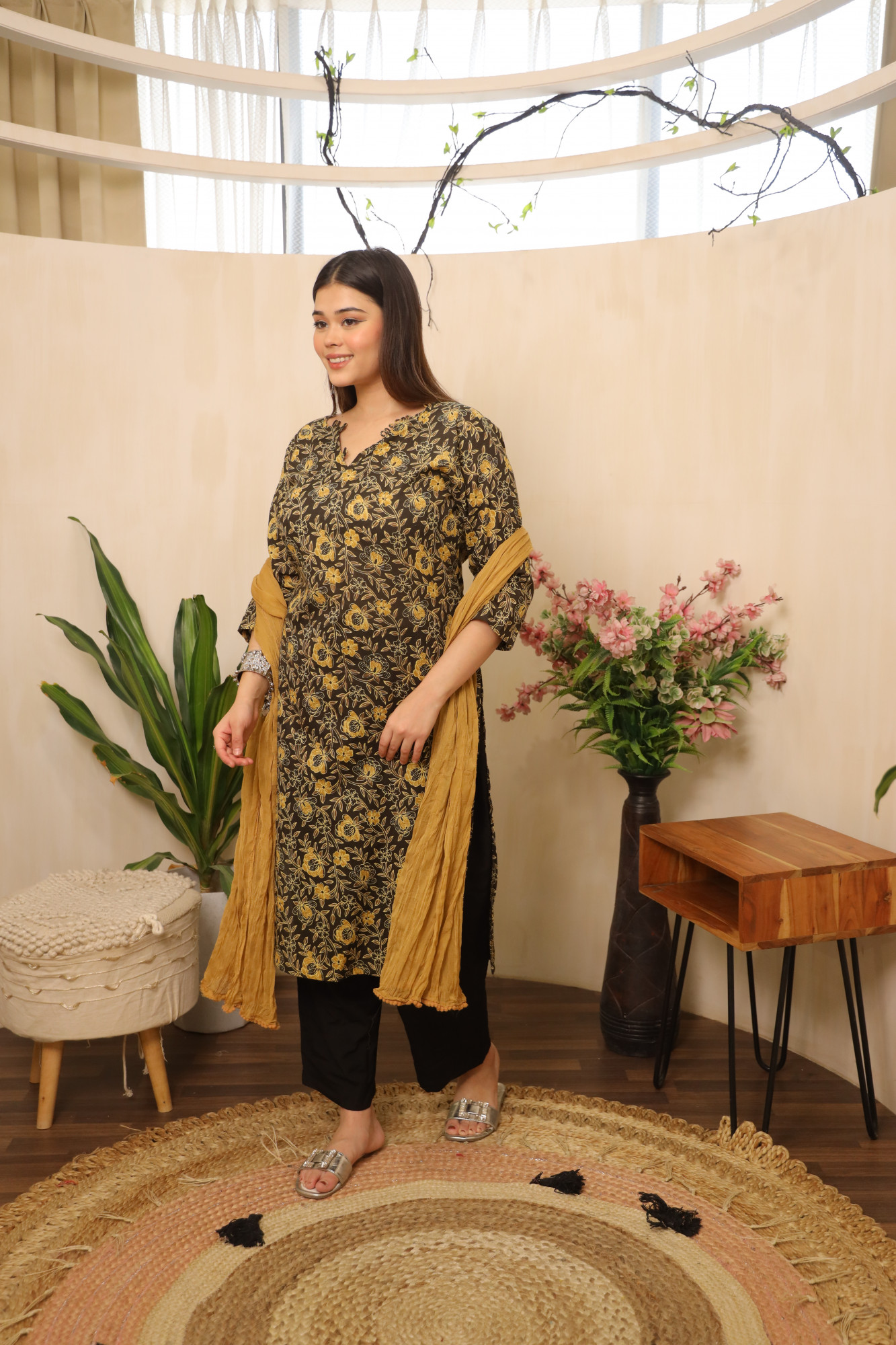 Mustard Floral Printed Straight Suit Set